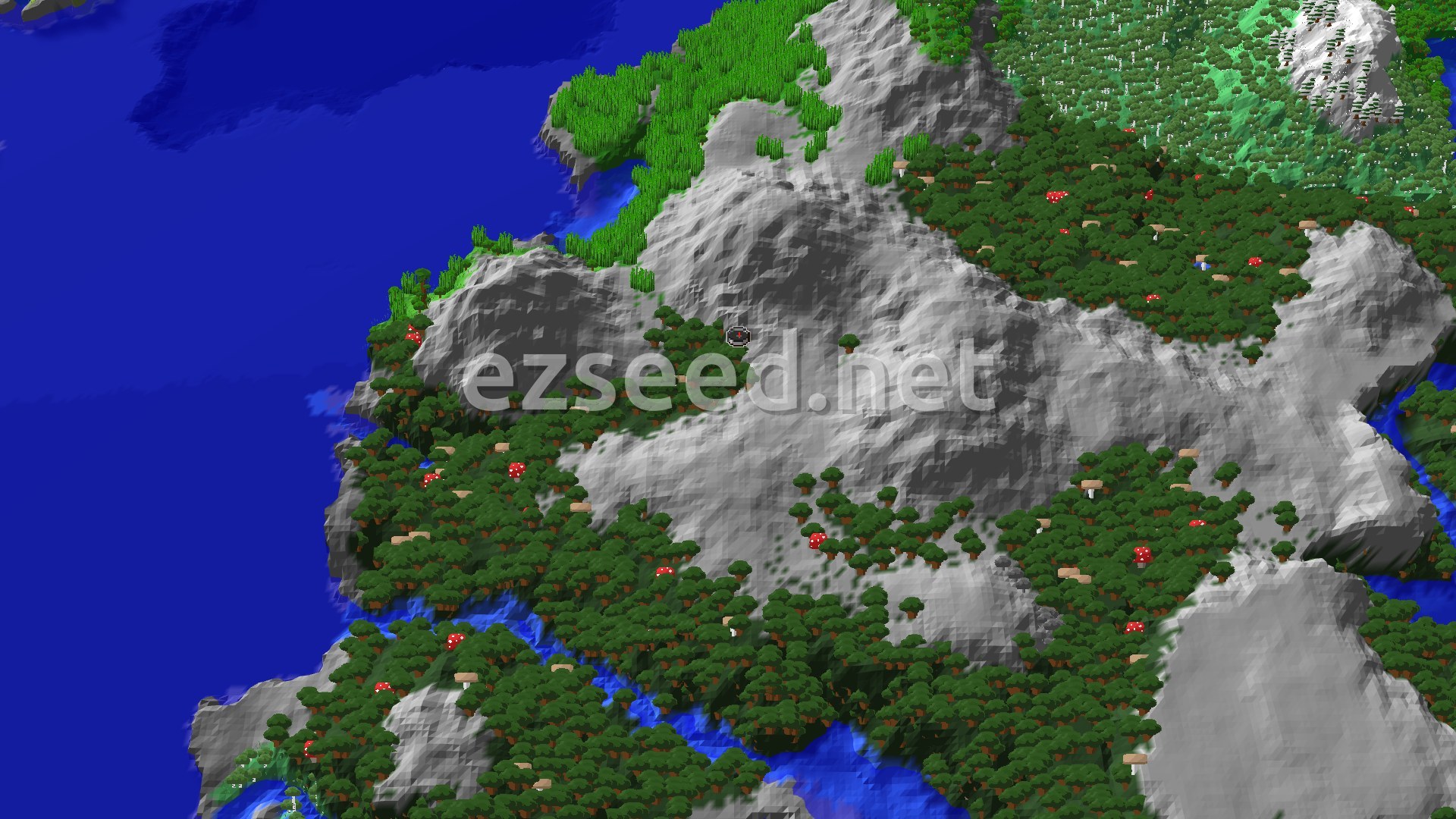 Aerial Minecraft seed map — Dark Forest on a Bare Rock Ridge Above the Sea
