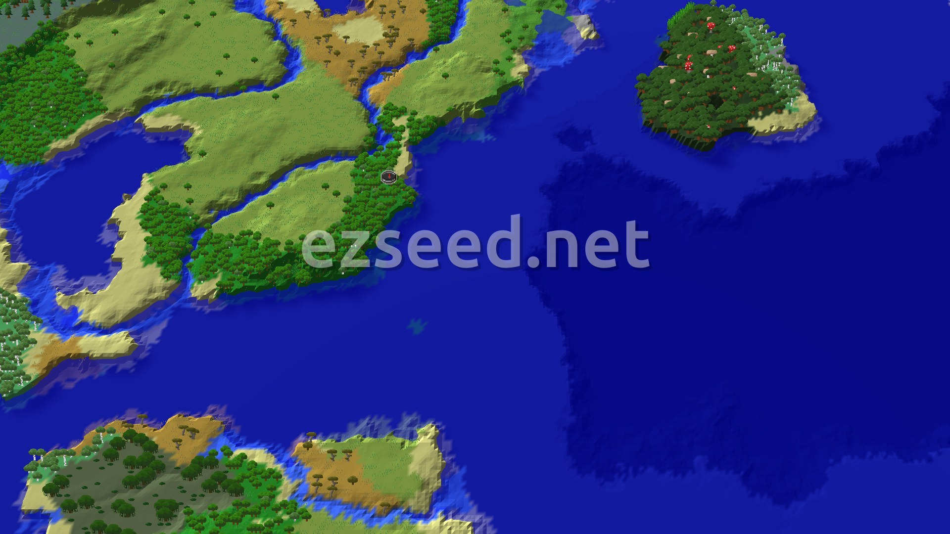 A dense green forest edge on a coastline, with open ocean to the east, pale beaches, river channels cutting through grassy land and a small wooded island in the distance.