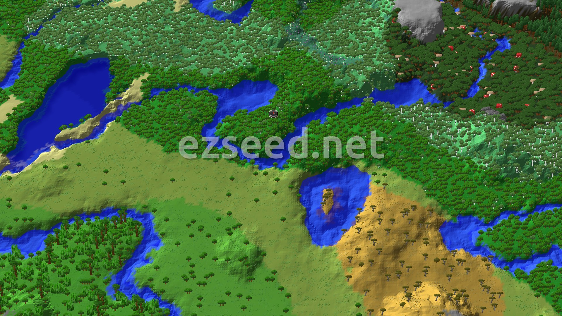 A 3D fly-over of a varied landscape, showing forests, plains, a river, and a small lake, with a spawn marker in a forested area.