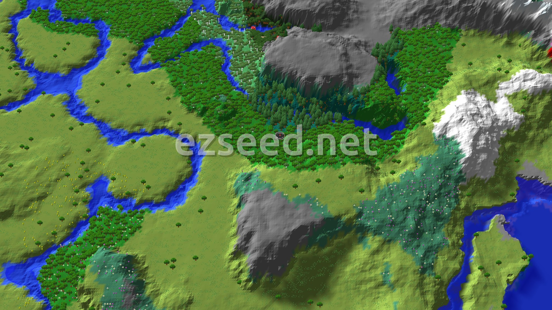 A forest and taiga basin cut by winding rivers, with bare grey peaks and snow to the east and open plains to the west.