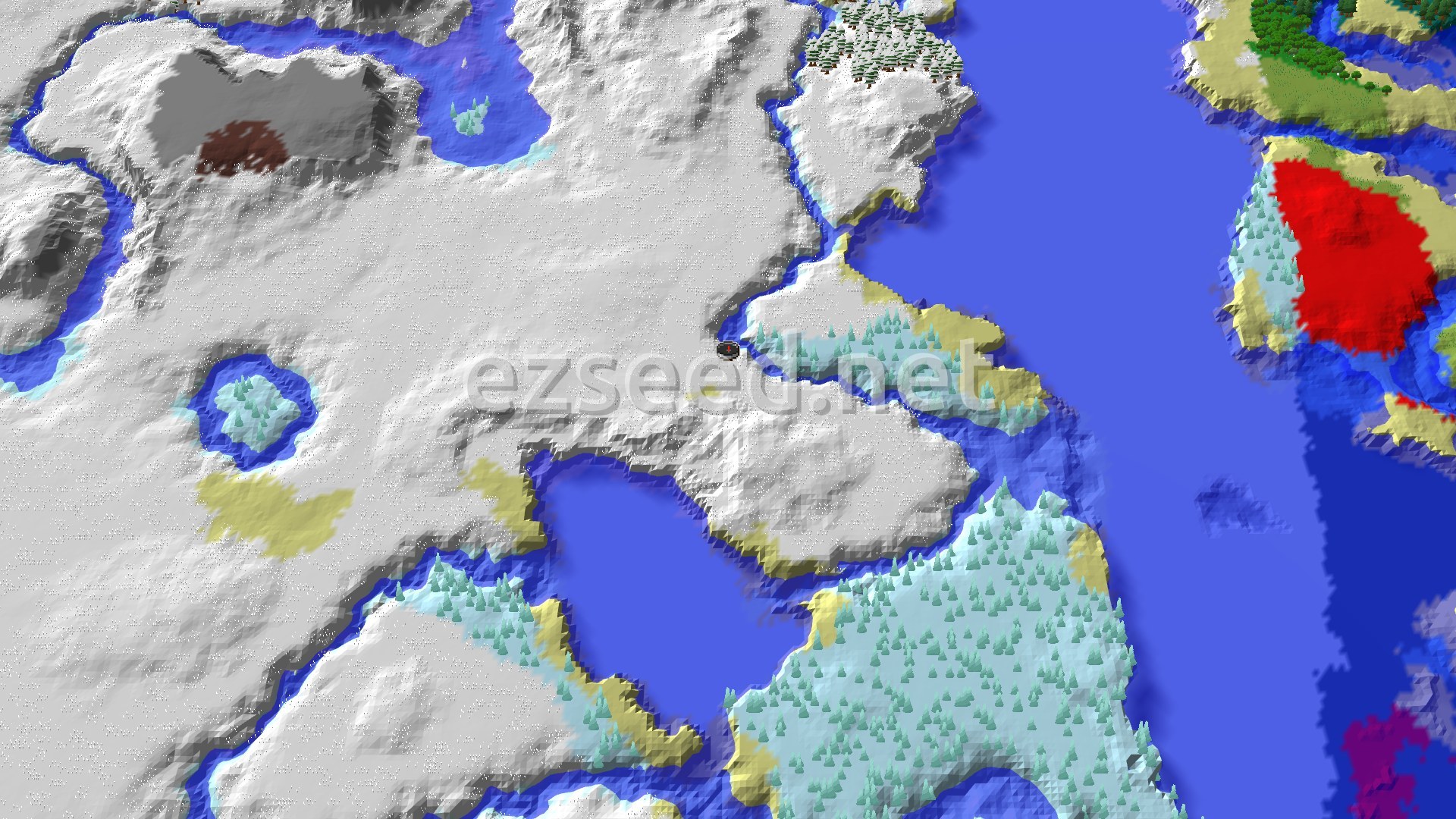 A 3D fly-over of rolling snowy plains meeting a wide blue frozen river and sea, with snow-dusted spruce on the shoreline and pale sand beaches.
