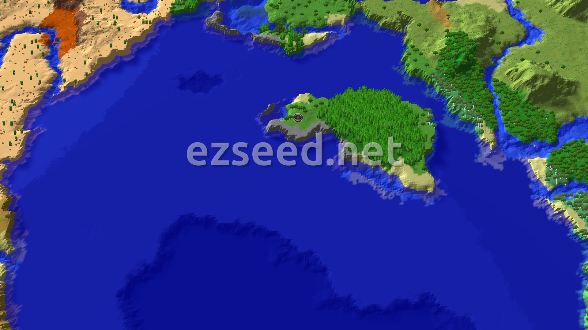 An aerial view shows a large, verdant island covered in jungle trees, with smaller patches of lighter green vegetation and sandy shores, surrounded by deep blue ocean. A spawn marker sits near the island's edge.