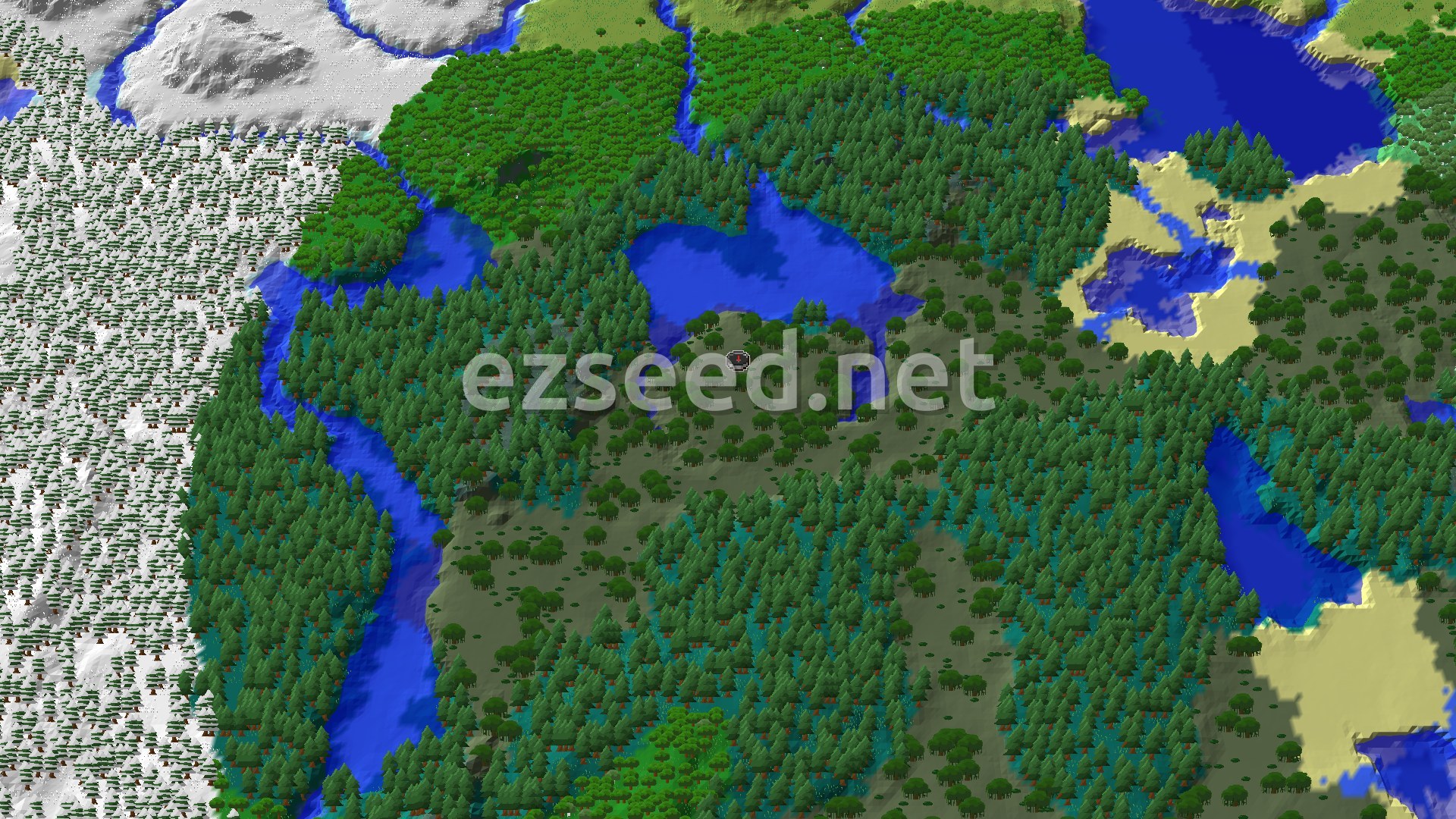 An aerial view of a mostly flat, forested landscape with a large body of water at the center, surrounded by trees and some lighter terrain.