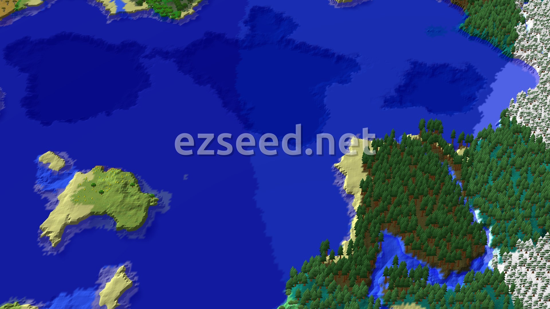 An aerial view shows a medium-sized island in the center-left, with green plains and scattered trees, surrounded by blue ocean. A larger landmass, heavily forested with dark green trees, is visible to the right, also bordered by ocean.