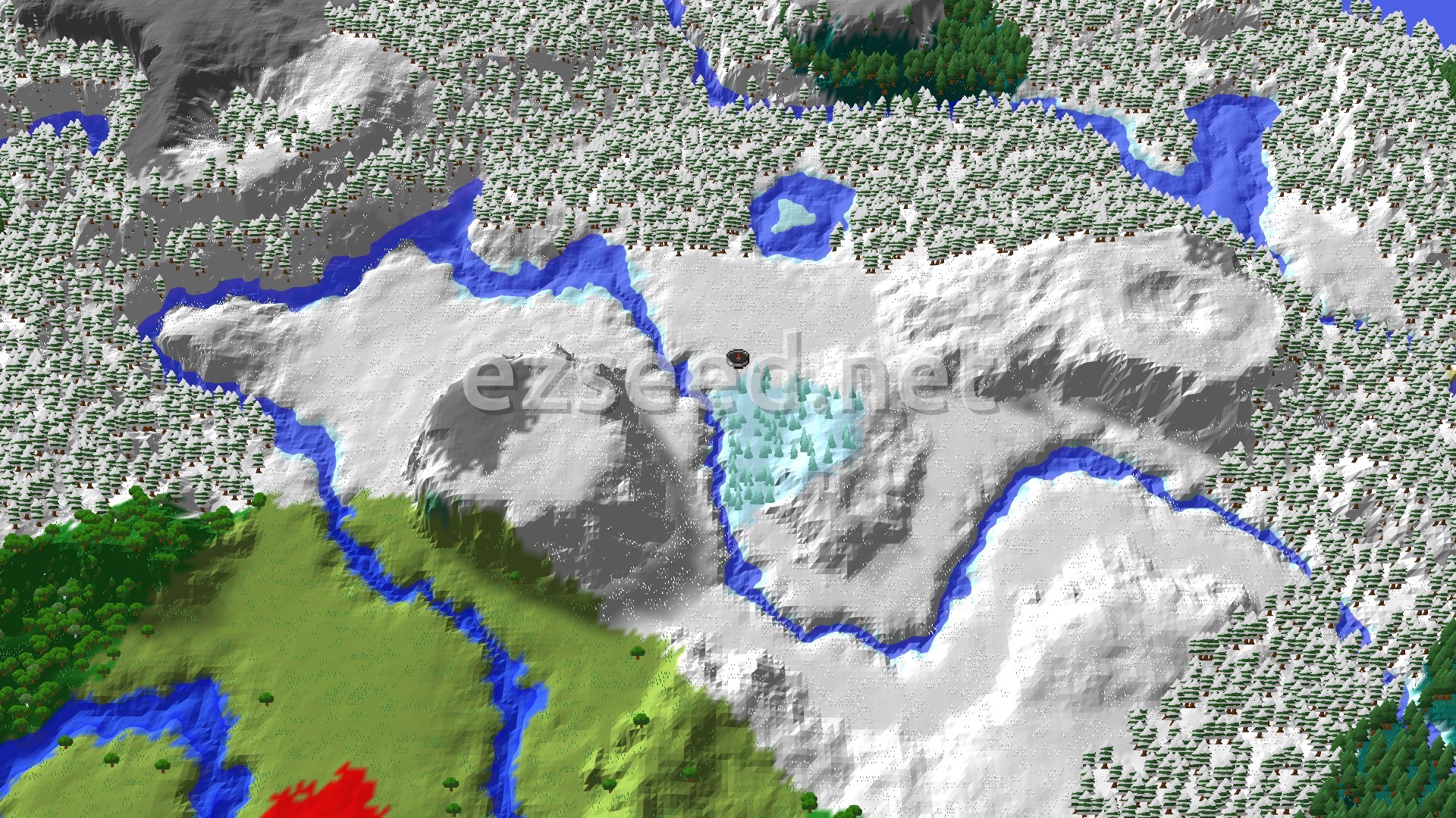 A snow-covered valley with frozen rivers cutting through white plains, a small patch of pale ice spikes beside the spawn marker, and dense snowy spruce forest on the higher ground around it.