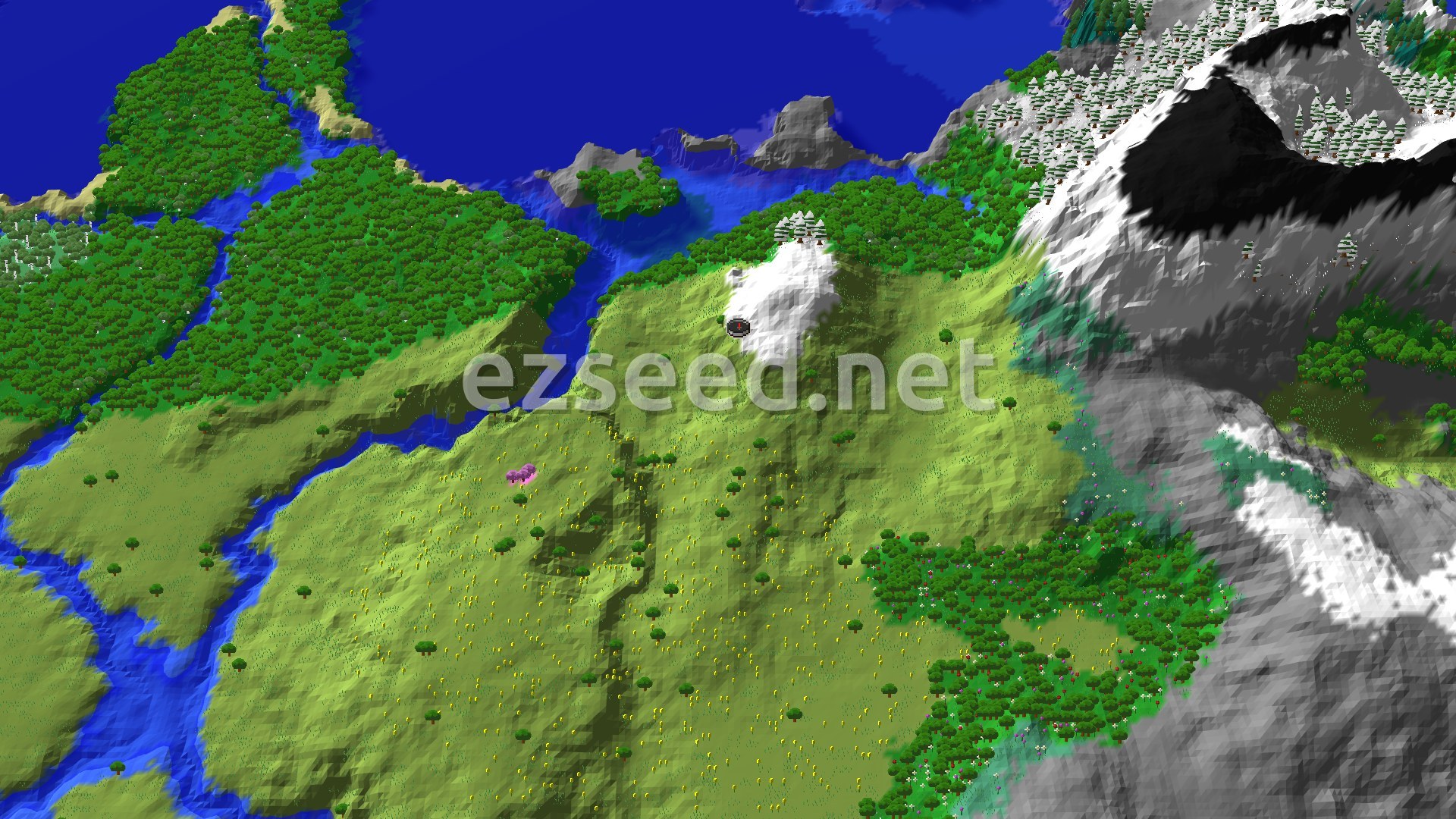 A 3D fly-over of a small snow patch on a grassy hillside, with dense forest and winding blue rivers to the west and grey mountain peaks to the east.