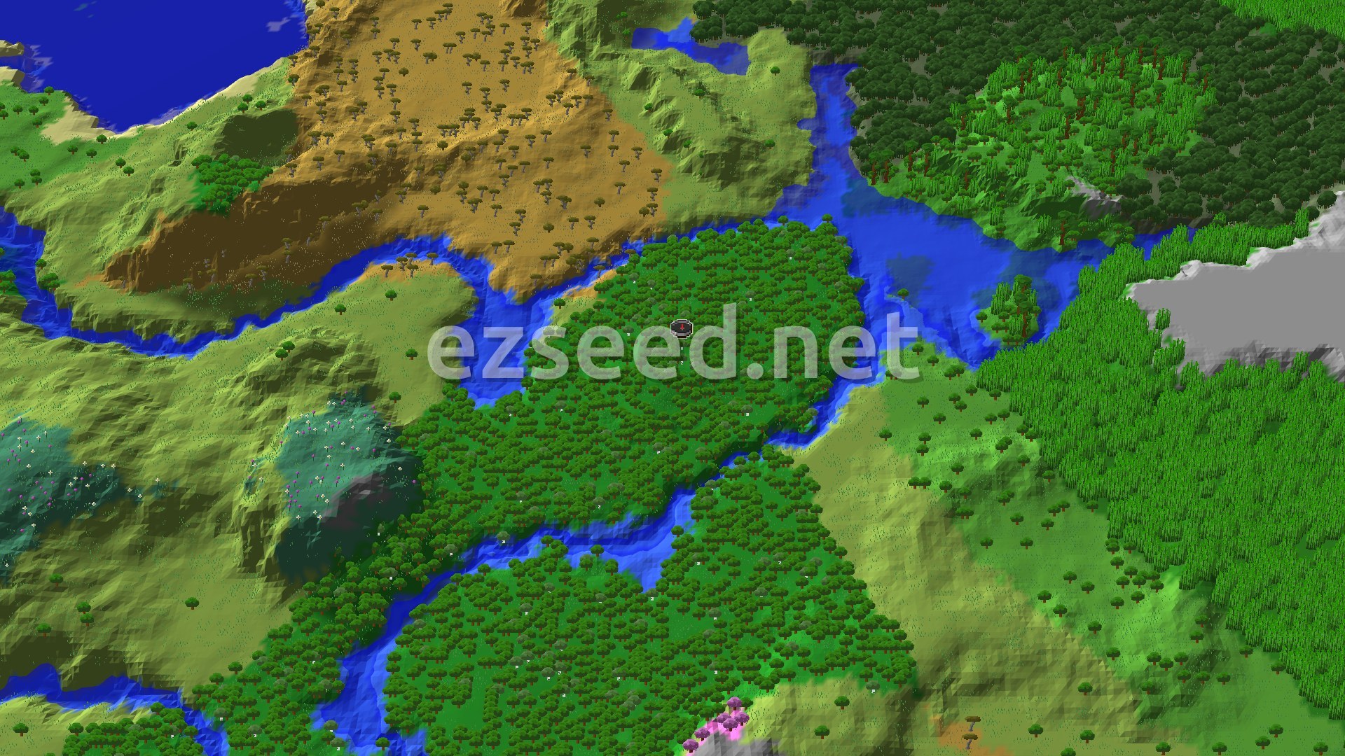 A dense green forest block at the centre, cut by blue river channels, with a brown savanna slope to the north, taller dark forest to the east and pale grass hills to the west.