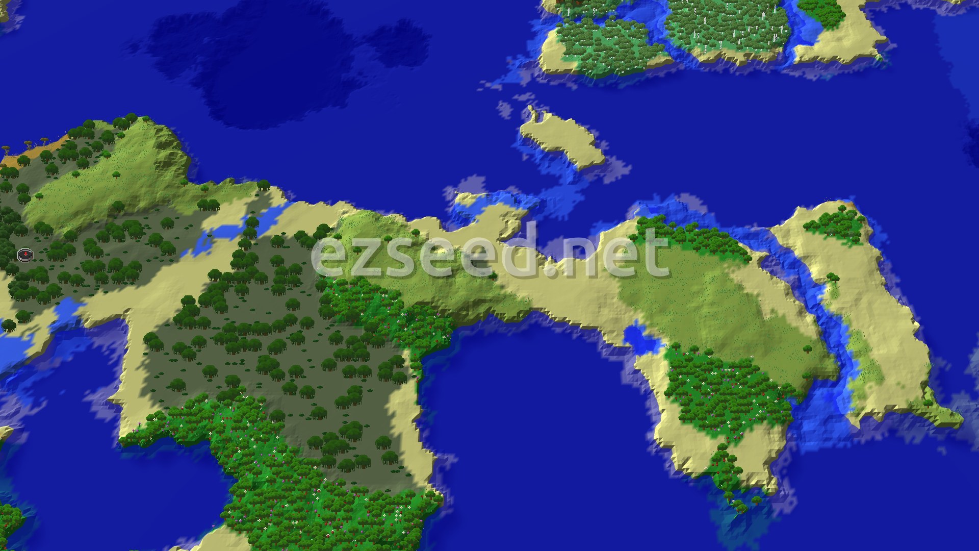 A 3D fly-over of a forested, sandy-shored landmass pushing into deep blue ocean, with small islands to the north and a marker at the far left edge.