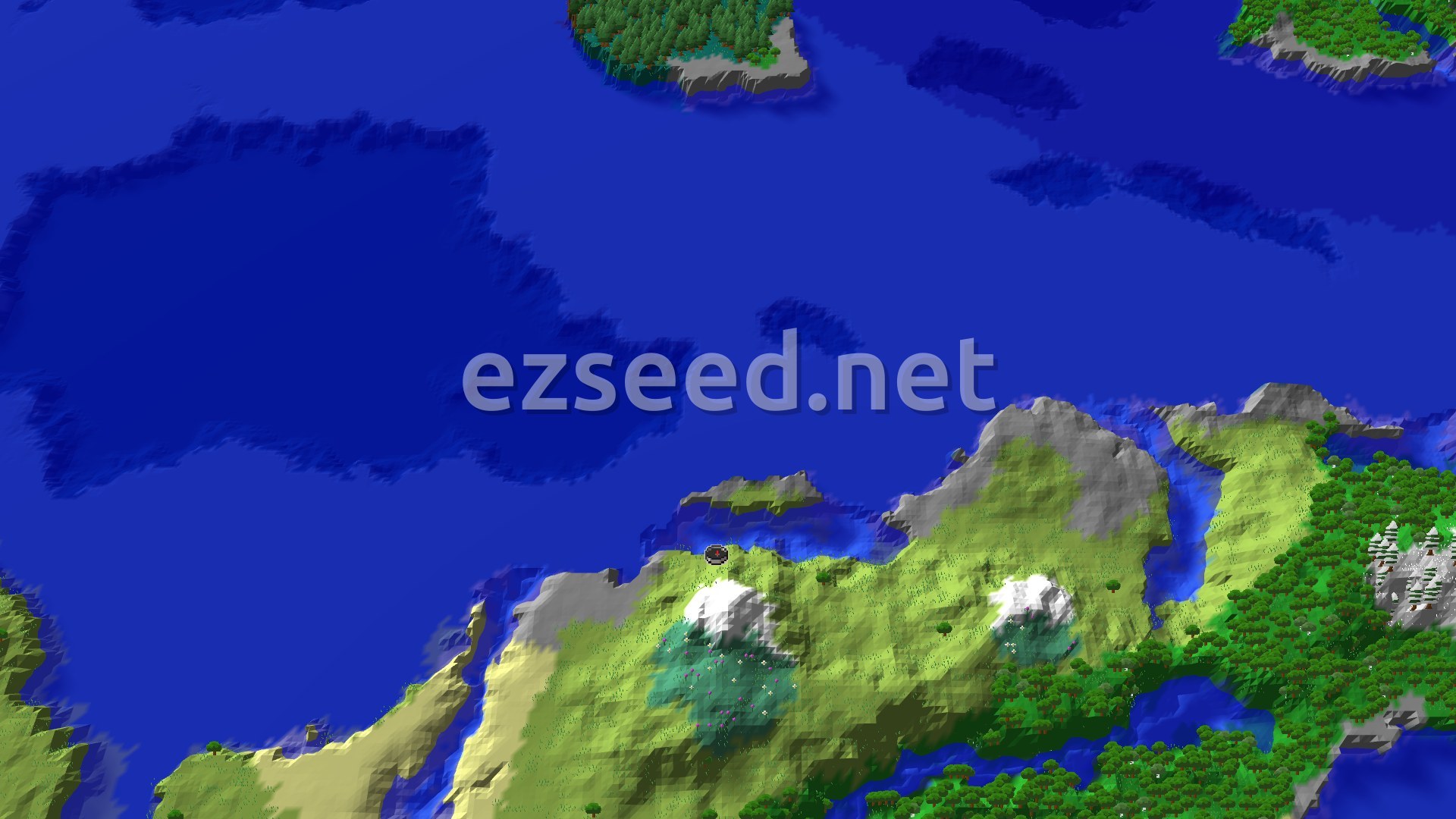 A shoreline of green plains and grey stone rising to two snow-capped slopes, with forest to the east and open deep blue ocean to the north.