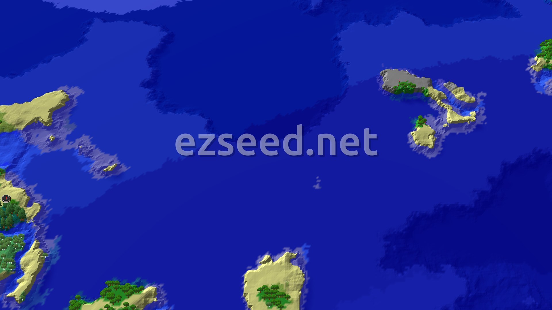 A vast blue ocean dotted with several green and tan islands, some forested and some barren.