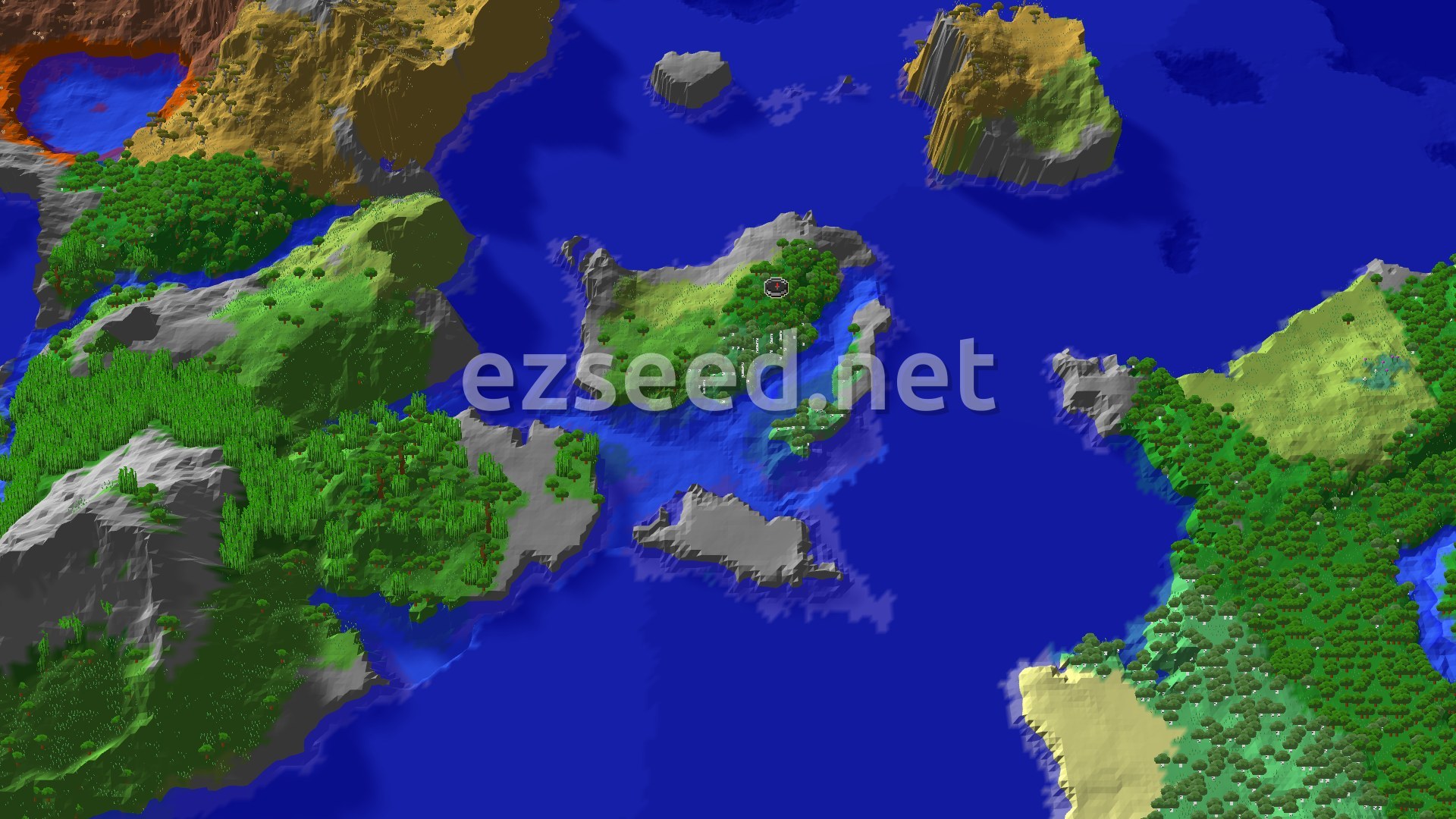 A small green island of forest and plains edged in grey stone sits in deep blue ocean, with larger jungle, savanna and badlands coastlines on the surrounding shores.
