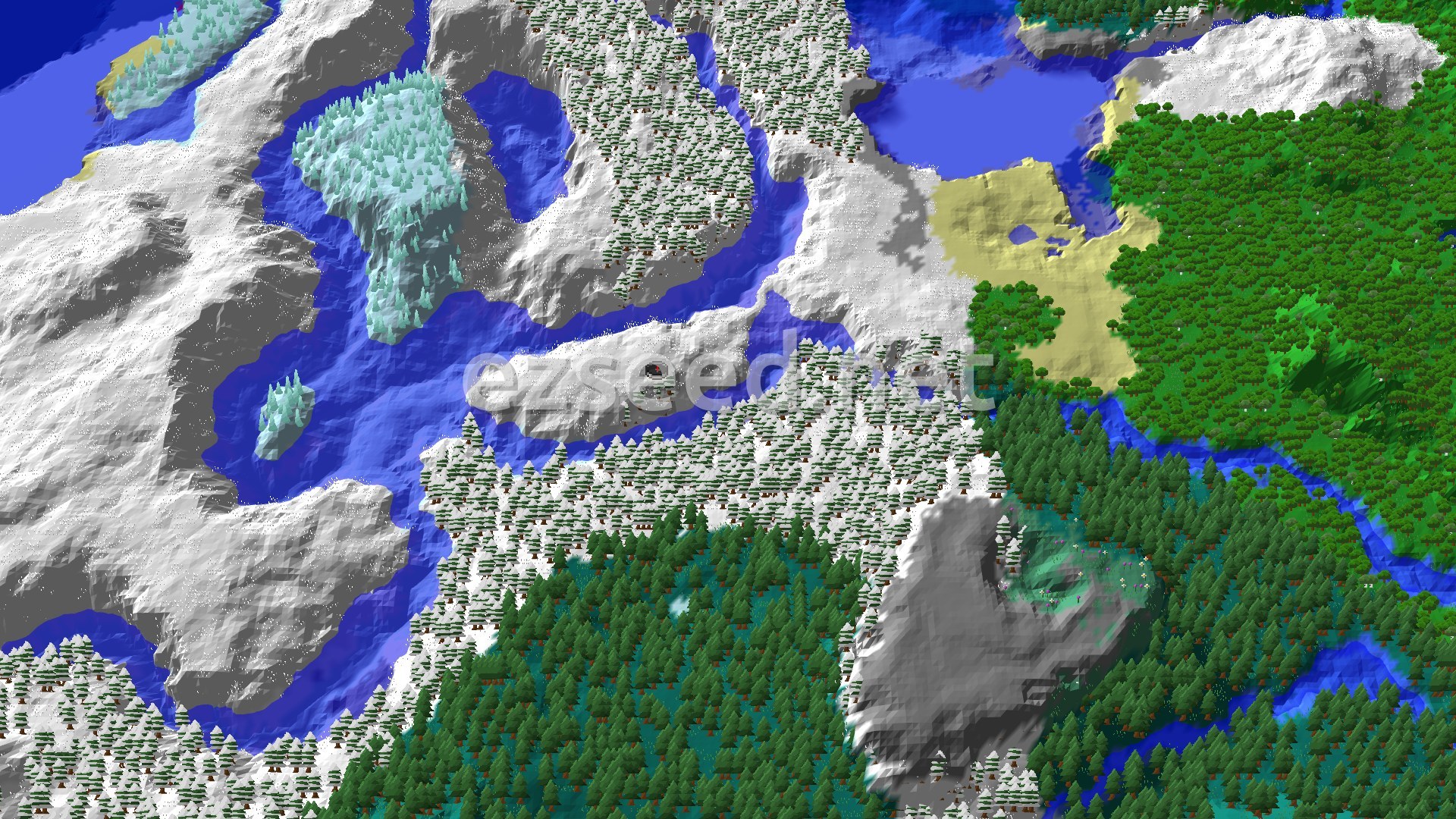 Aerial Minecraft seed map — Ice Spikes Beside Taiga and Snowy Plains
