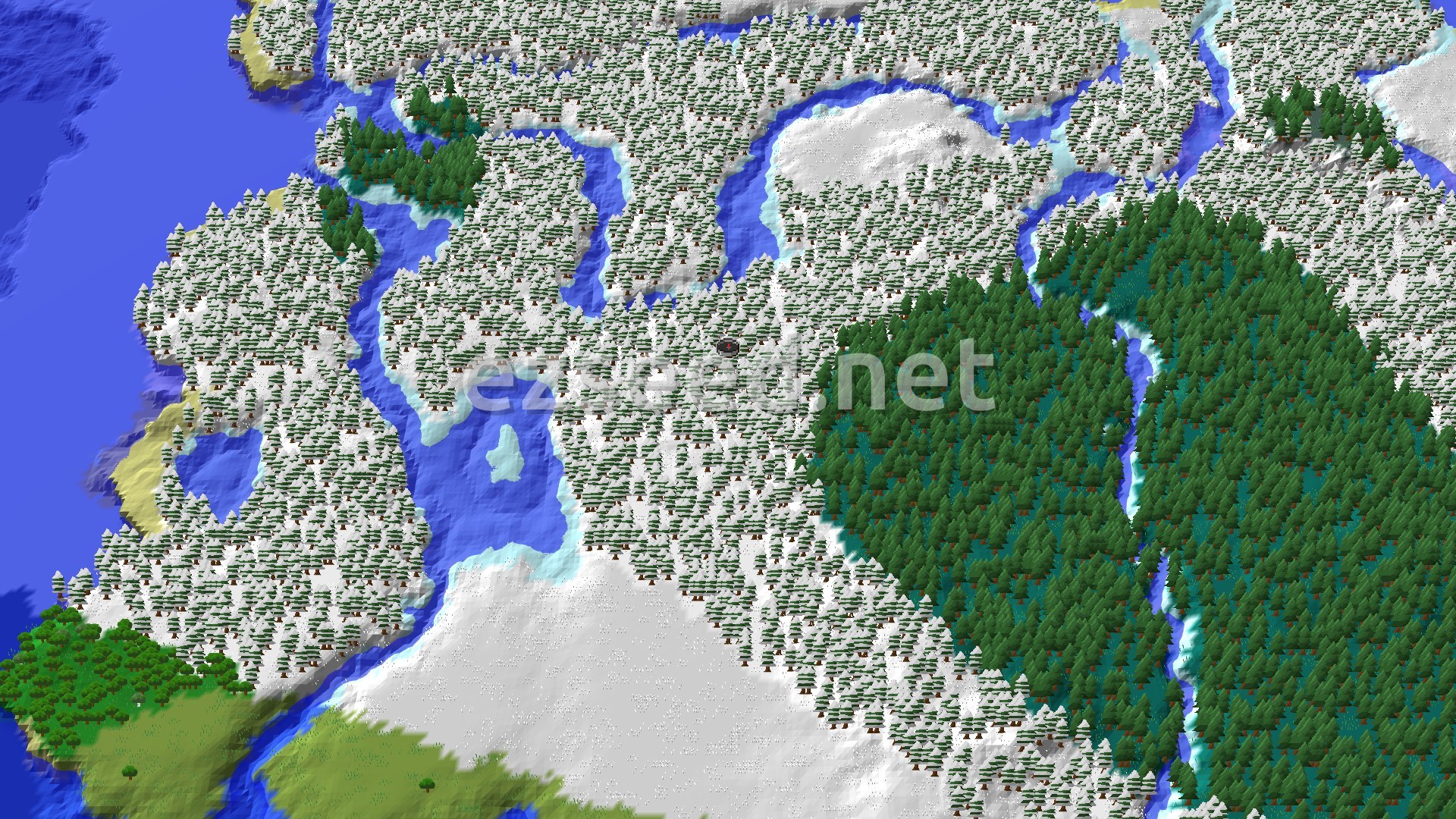 A fly-over of snow-covered spruce forest cut by frozen rivers, with a dense green taiga on the east side and open water to the west.