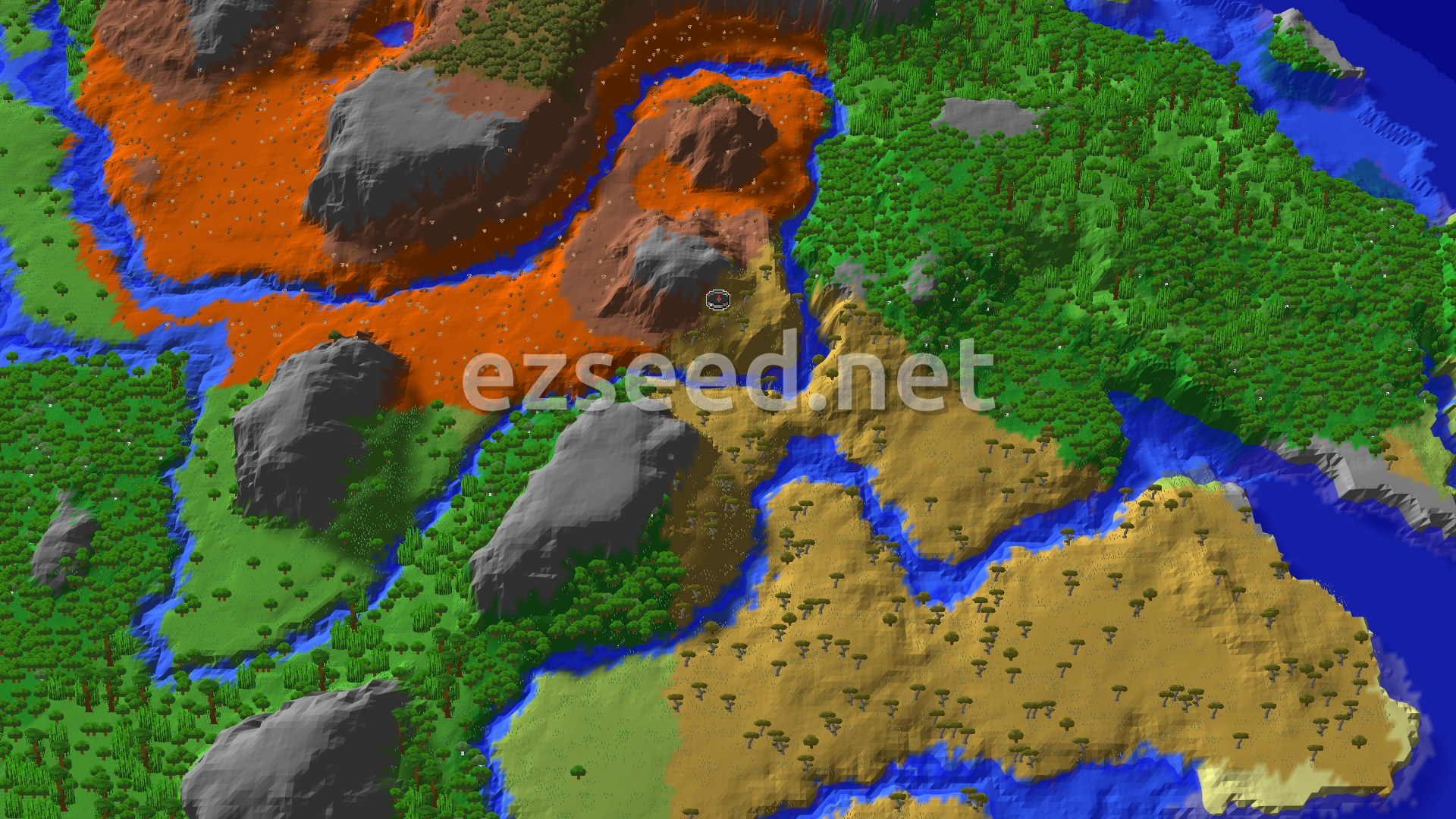 Orange badlands terraces and grey rock outcrops on the left, dense green forest on the right, tan savanna slopes below, all split by narrow blue rivers.