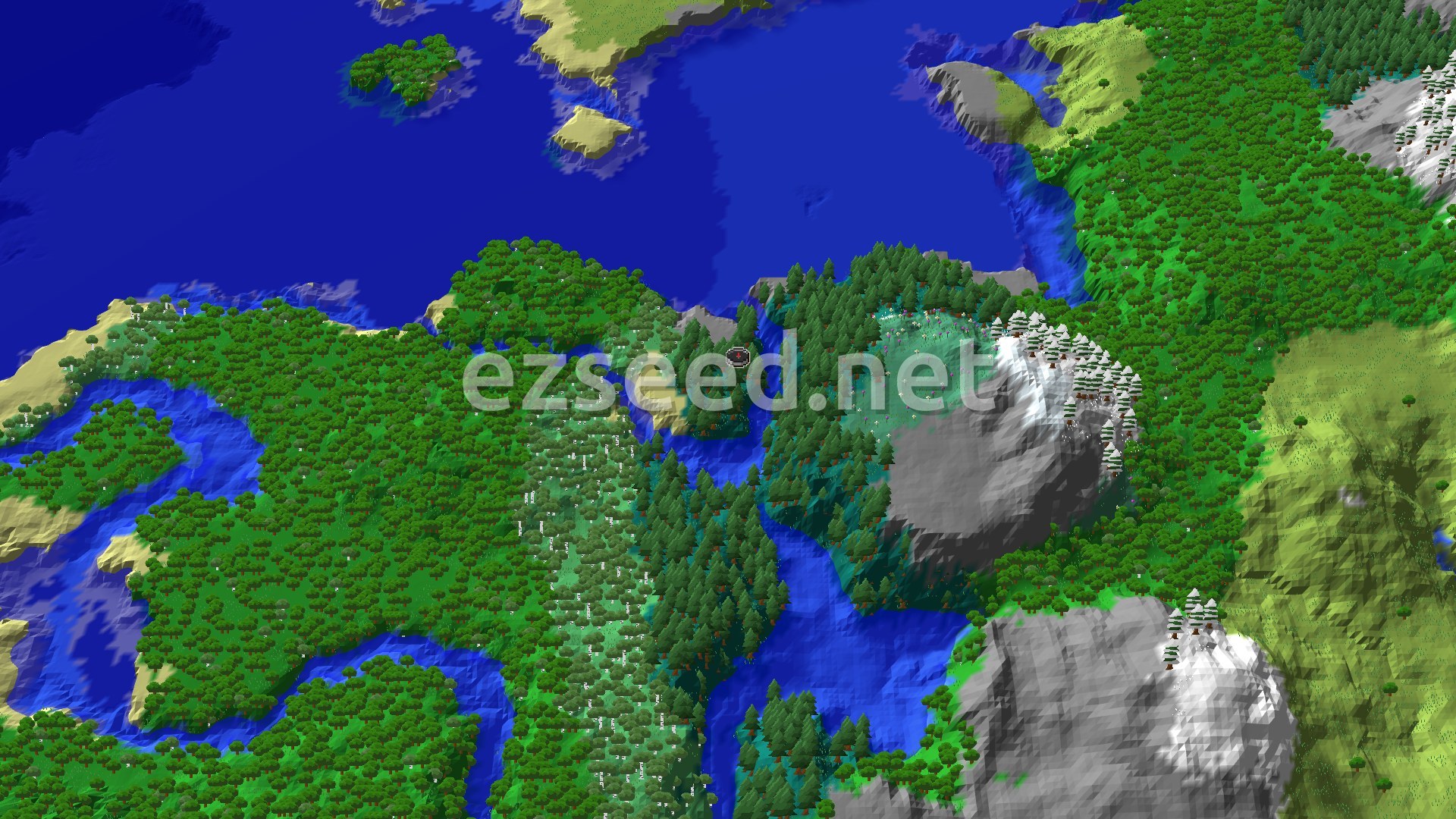 A fly-over of a forested valley with dark taiga conifers and a winding river, grey snow-capped rock to the east and south, and open blue ocean along the north edge.