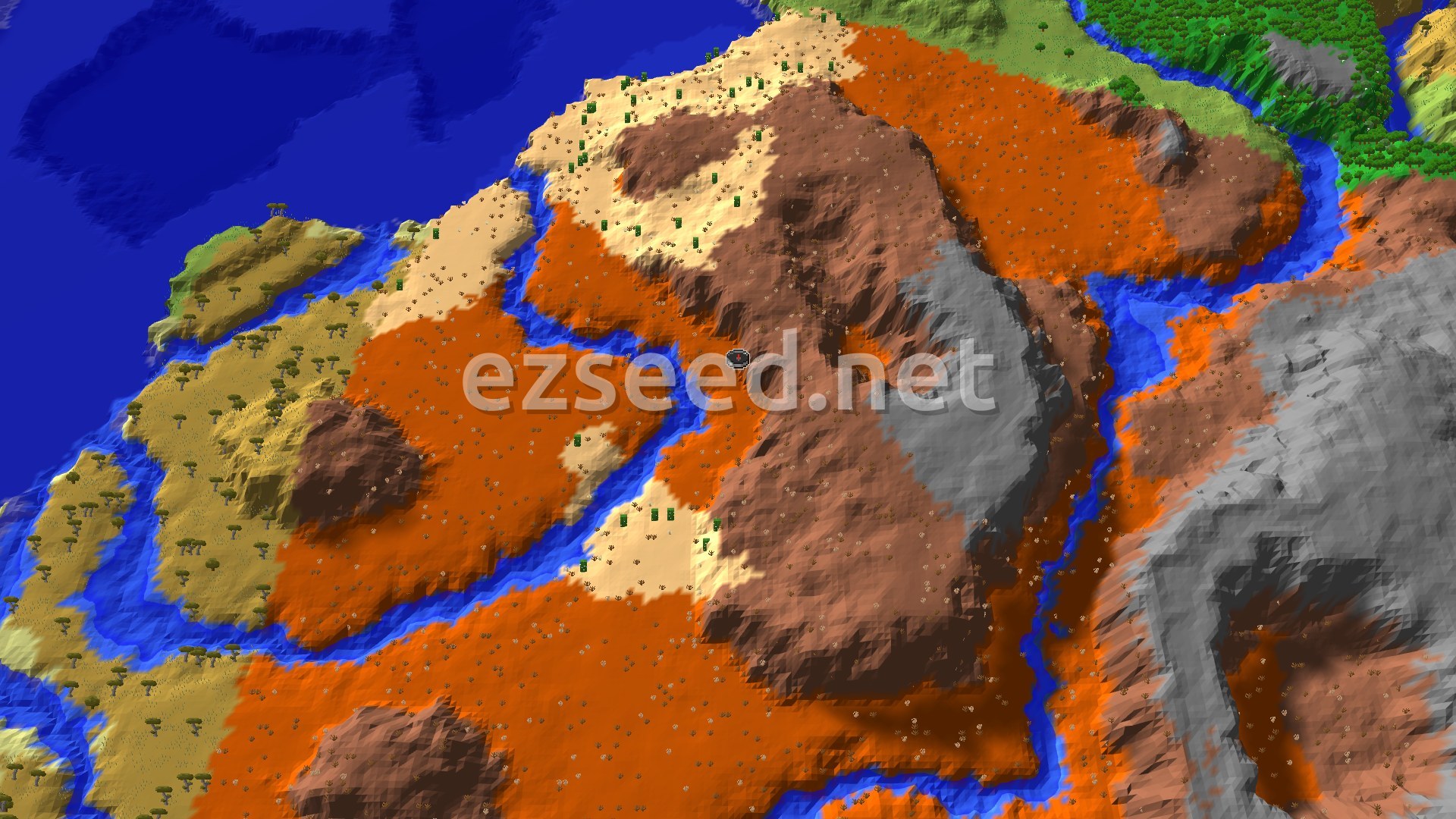 Orange and brown badlands ridges cut by blue rivers, with pale desert patches, a savanna coast to the west, green forest in the corner and deep ocean at upper left.
