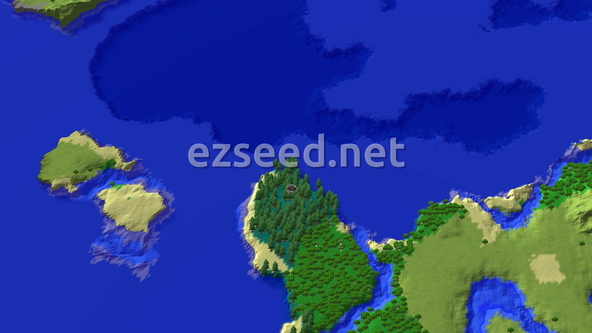 A dark spruce taiga headland juts into deep blue ocean, with oak forest and plains to the south and small sandy islets to the west.