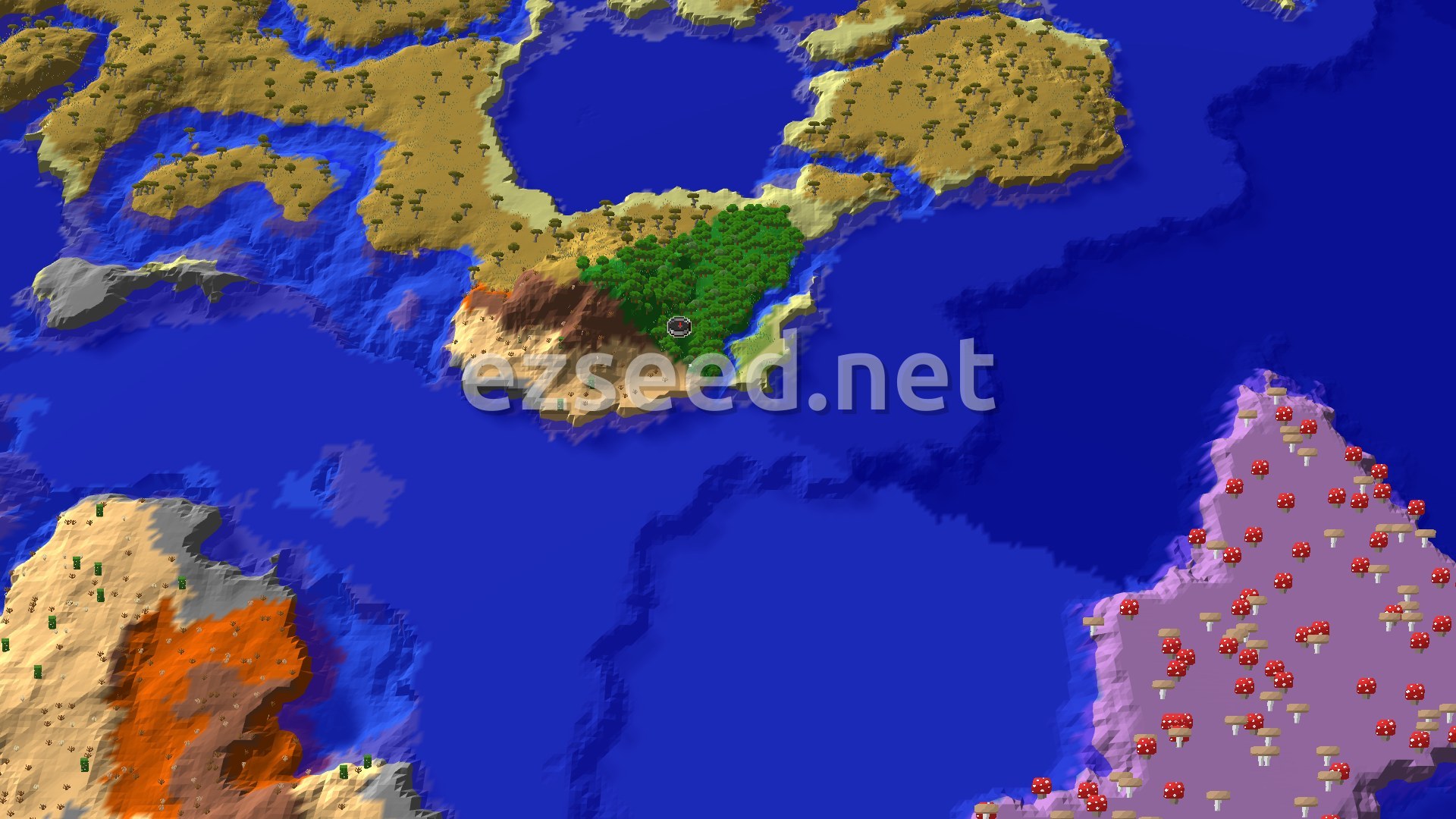 An overhead view of an island with a dense forest, surrounded by ocean, with desert and badlands biomes also visible nearby. A distinct mushroom fields island lies to the southeast.