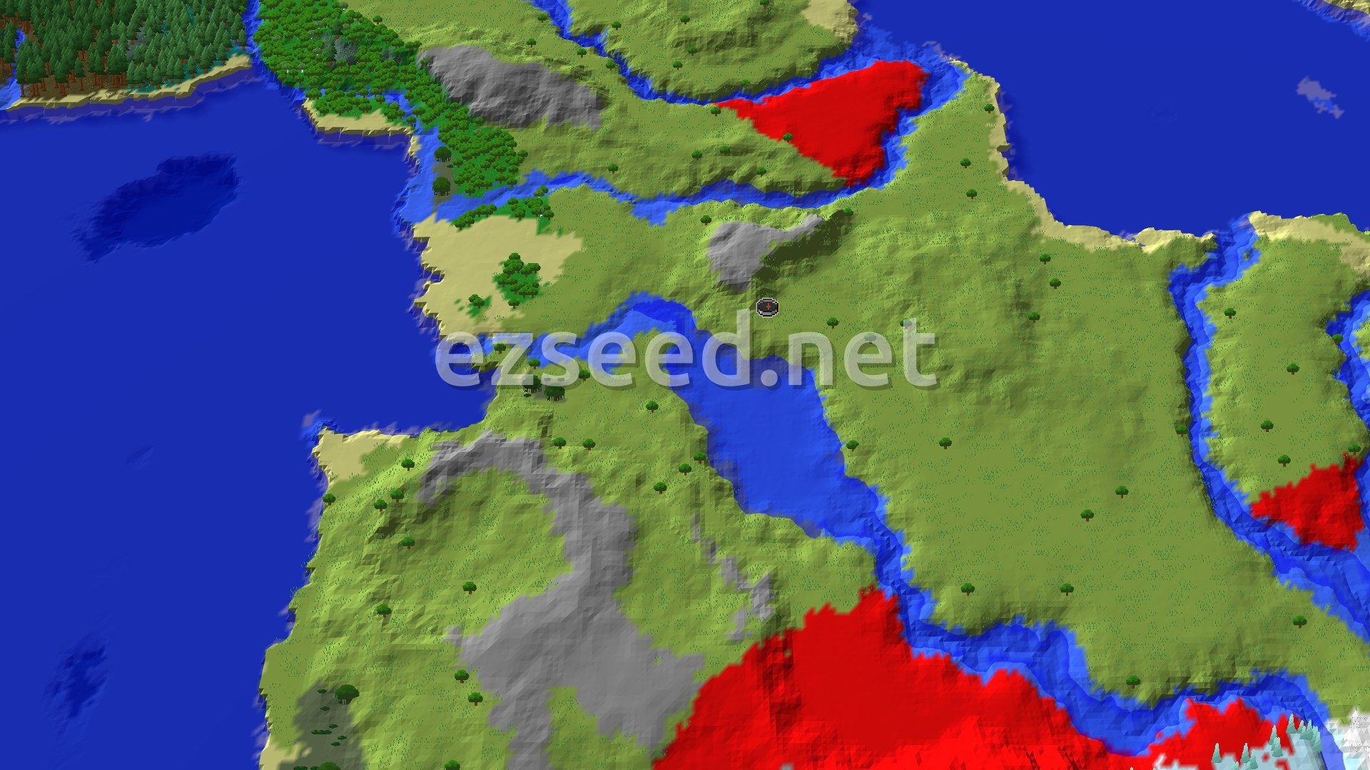 A grassy plains spawn beside a river and lake, with grey gravelly hills, scattered trees, beaches and open water around the coast.