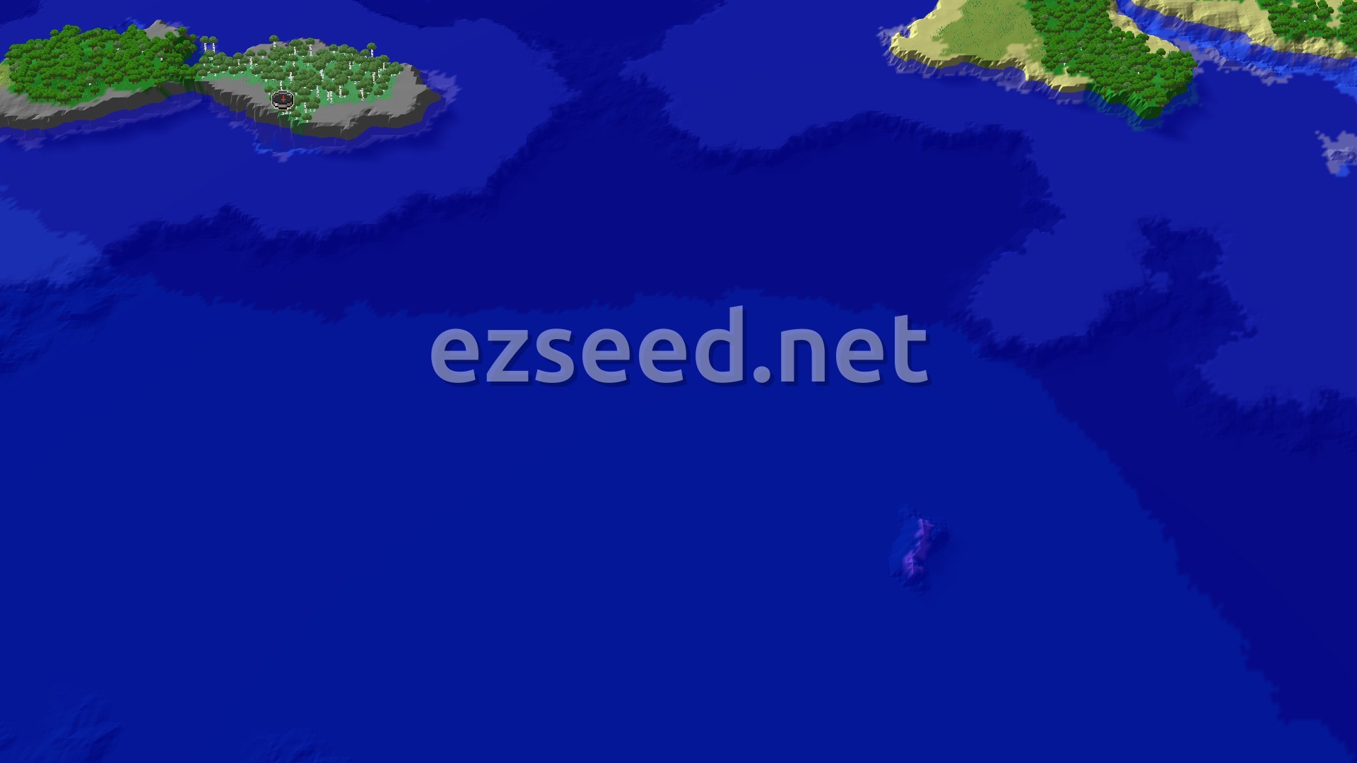 A small green island of dense birch and oak trees with grey stone shore sits in a wide blue ocean, with another sandy island at the upper right.