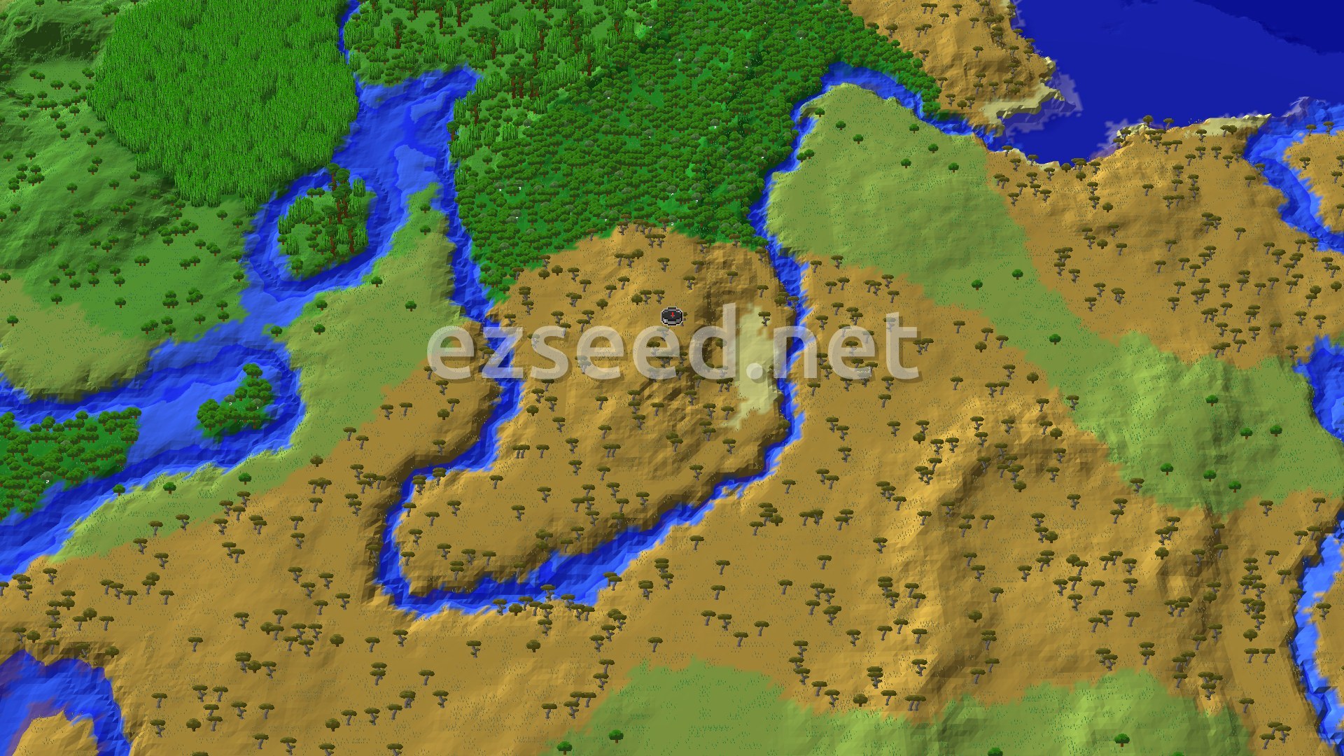 A tan savanna rise with scattered acacias sits inside a looping blue river, with dense green forest to the north, plains to the east and open sea in the top corner.
