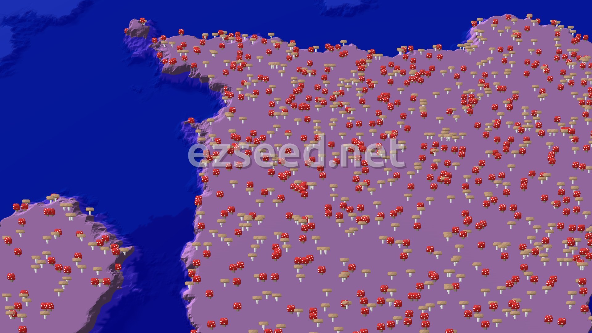 An aerial 3D render of a sprawling mushroom fields biome forming a peninsula, with deep blue ocean surrounding it on three sides.