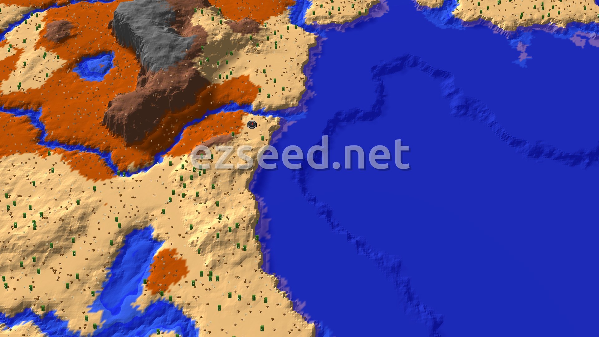 A sandy desert coastline dotted with cacti, orange badlands and grey-brown rock to the west, and deep blue ocean filling the east.