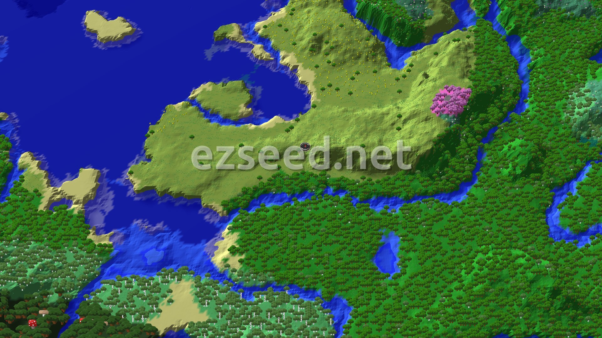 A grassy plains headland with scattered trees reaches into a deep blue ocean, hemmed in by dense forest and a river to the south and east.