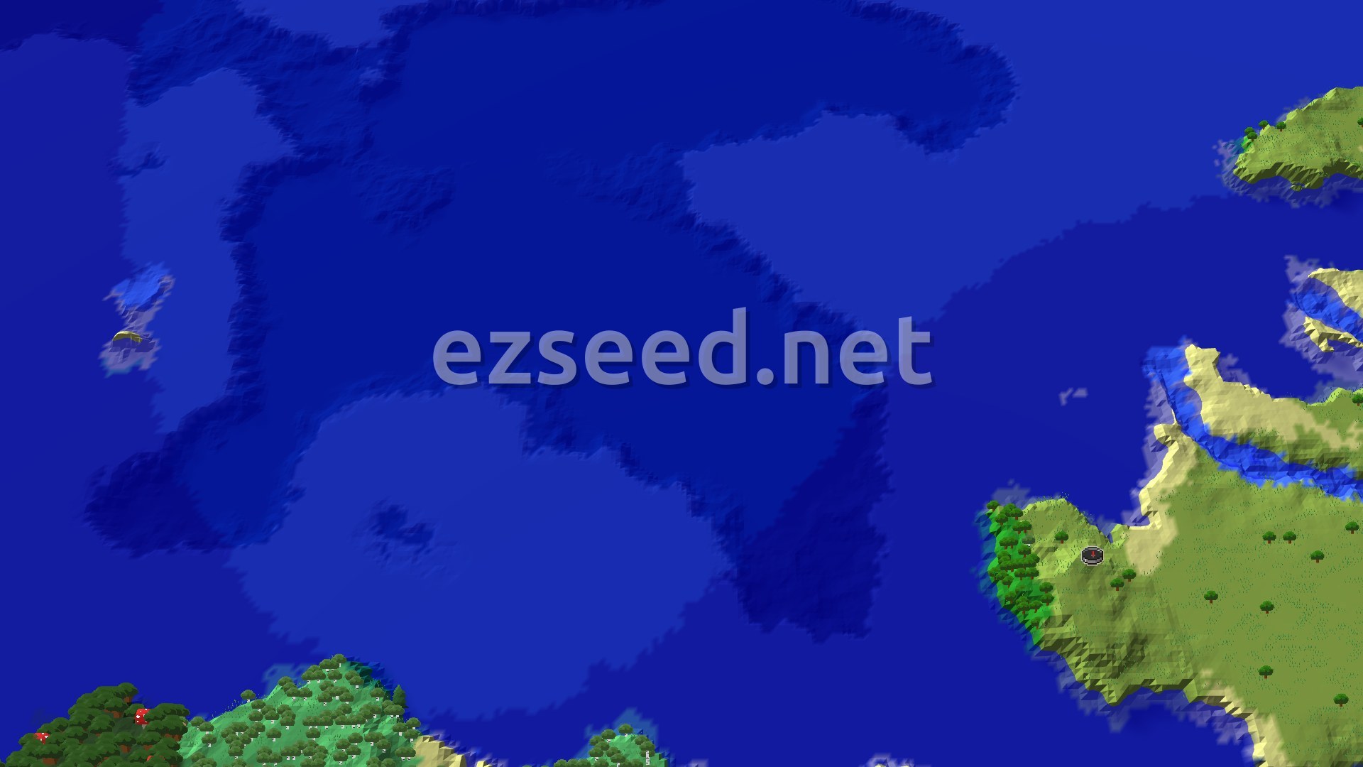 A small island with green plains and forest biomes, surrounded by vast blue ocean.