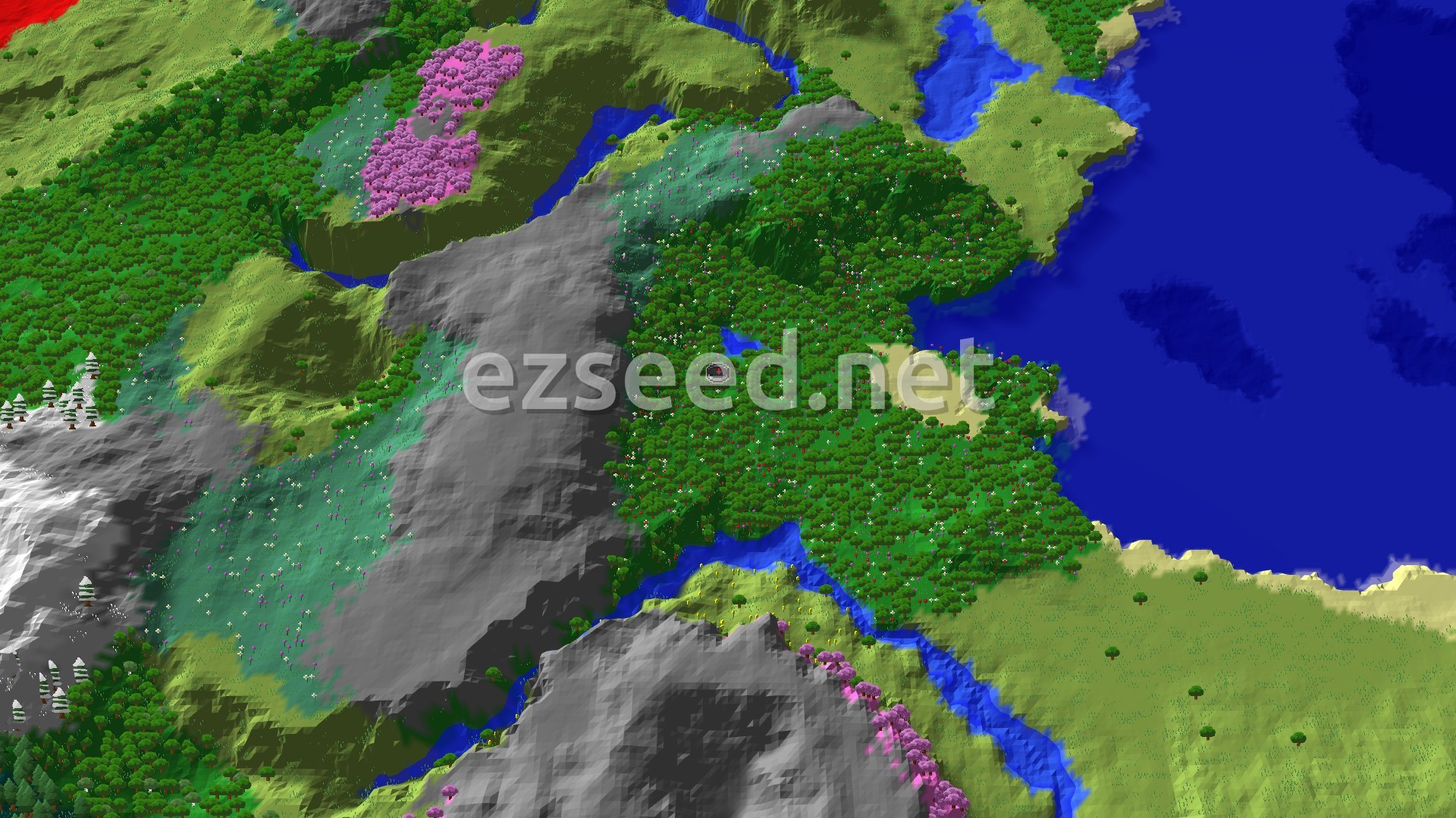 Aerial Minecraft seed map — Flower Forest Crater with Cherry Grove