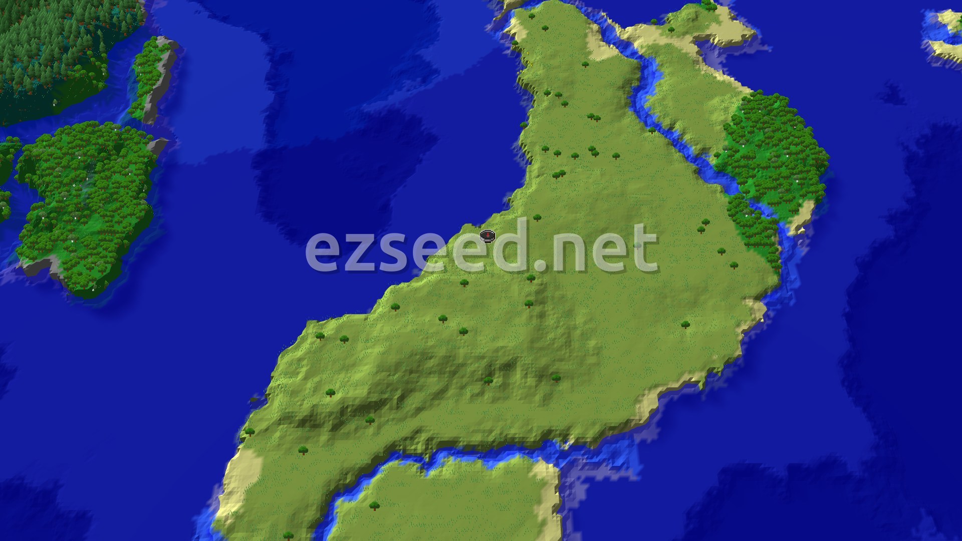 A wide grassy plains landmass dotted with a few lone trees, a river cutting through it, sandy beaches along the edge and deep blue ocean all around, with a forested island off to the left.