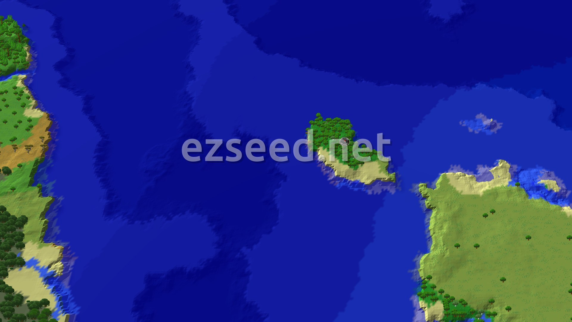 A small island of green forest and pale sand sits alone in deep blue ocean, with larger grassy coastlines to the west and southeast.