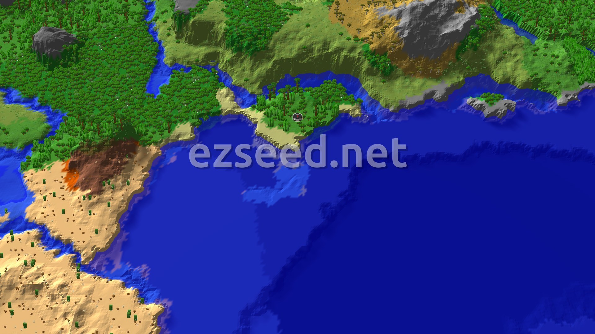 A small jungle headland with sandy edges juts into a wide warm ocean, with forest, hills and desert along the shore.