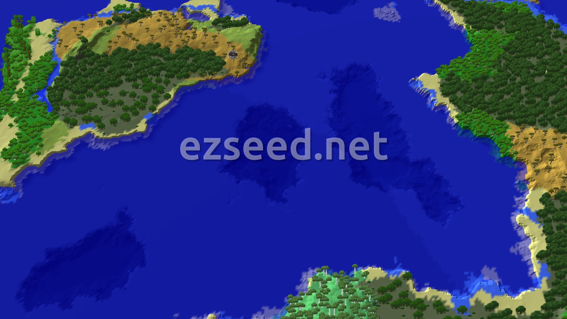 An aerial view shows a large island with a mix of savanna and forest biomes, surrounded by vast blue oceans.