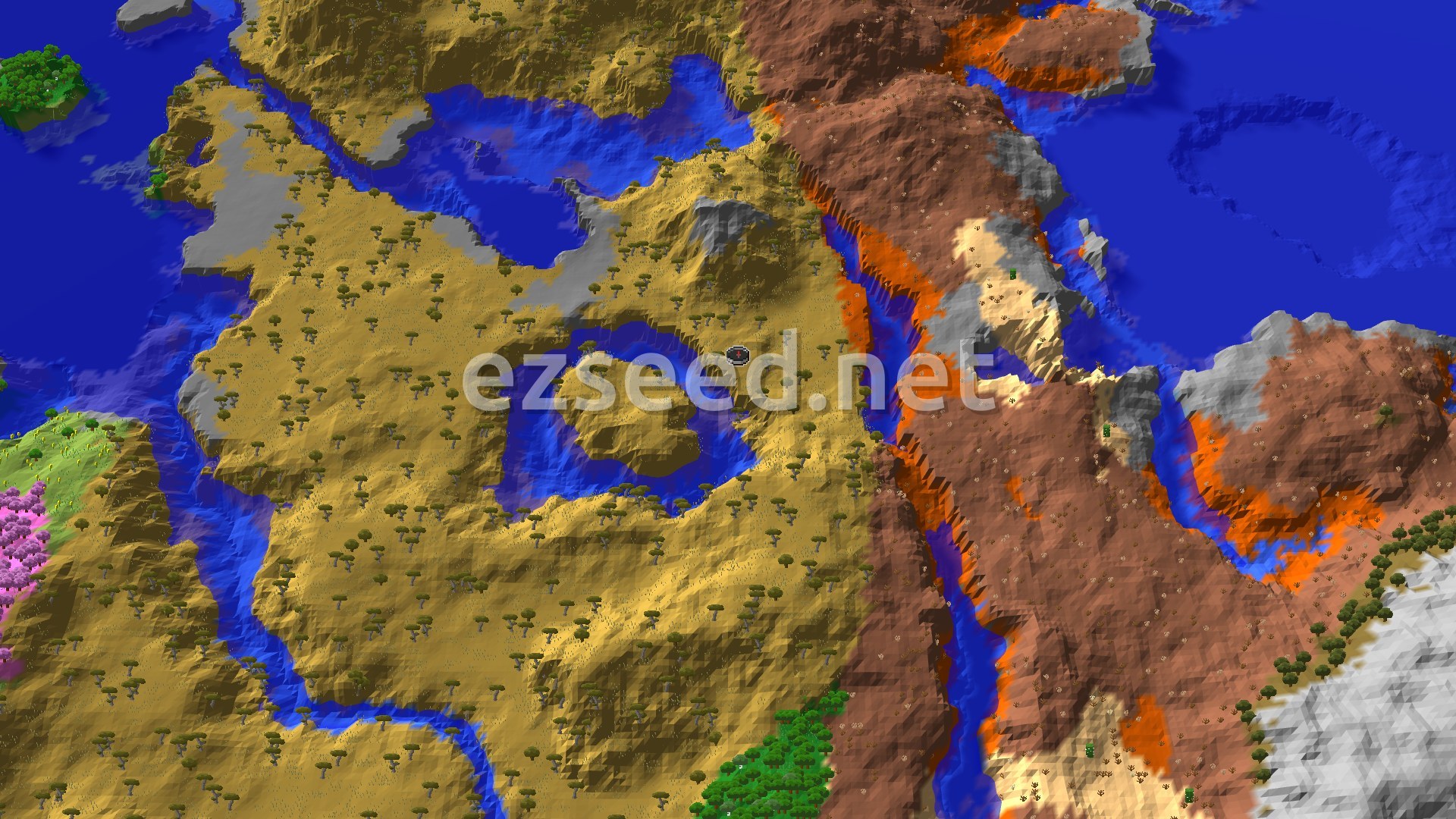 Aerial view of a tan savanna dotted with flat-topped acacia trees, a river looping around a small hill, and a wall of red-orange badlands rising to the east.
