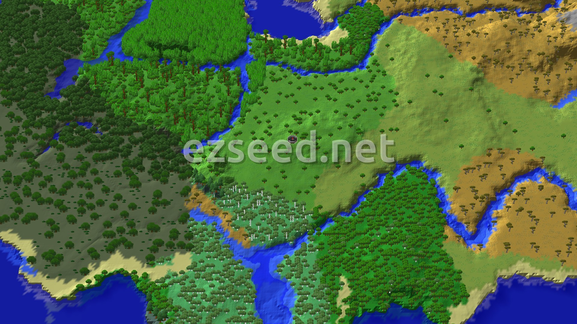 A fly-over of a grassy clearing with scattered trees, edged by dense jungle to the west, savanna hills to the east, and rivers and ocean winding through.