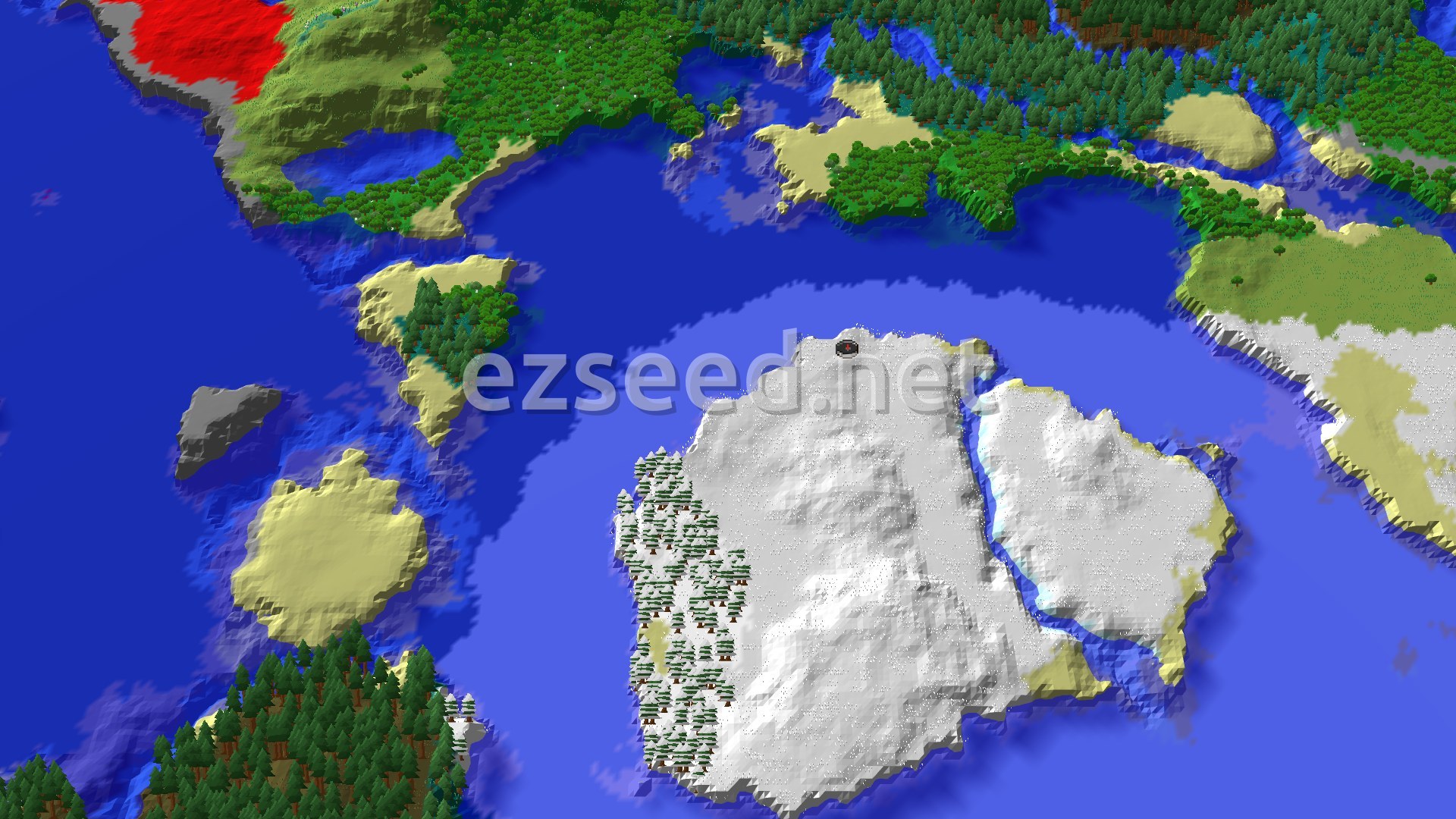 An aerial view of a large, snow-covered island with some trees on one side, surrounded by deep blue ocean. A small spawn marker is visible near the center of the island. Other islands and a larger landmass with green forests and some red-brown terrain are visible in the distance.
