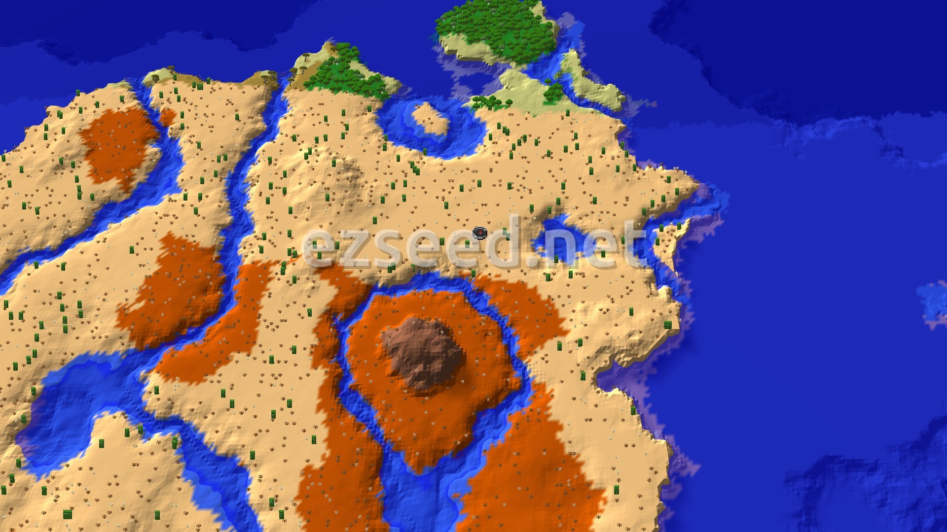 A sandy desert peninsula cut by blue river channels, with orange badlands patches, a brown hill ringed by water, and green forest islets beside open ocean.