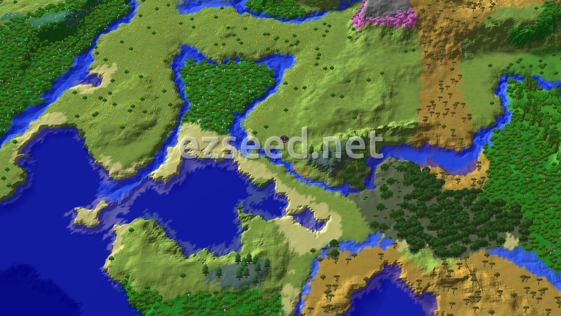 A fly-over of grassy plains cut by rivers, with a large lake and sandy shore to the southwest, dark forest and savanna to the east, and a pink cherry grove at the top edge.