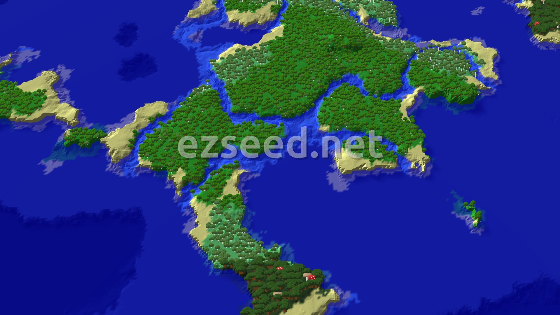 A fly-over of forested islands with sandy beaches and dark green canopy, surrounded by deep blue ocean and narrow channels.