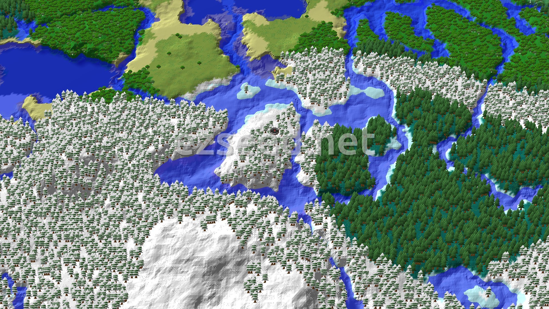An aerial view shows a snow-covered island with sparse trees at the center, surrounded by blue water. To the south and west are vast snowy forests, while to the north and east are green forests and plains.