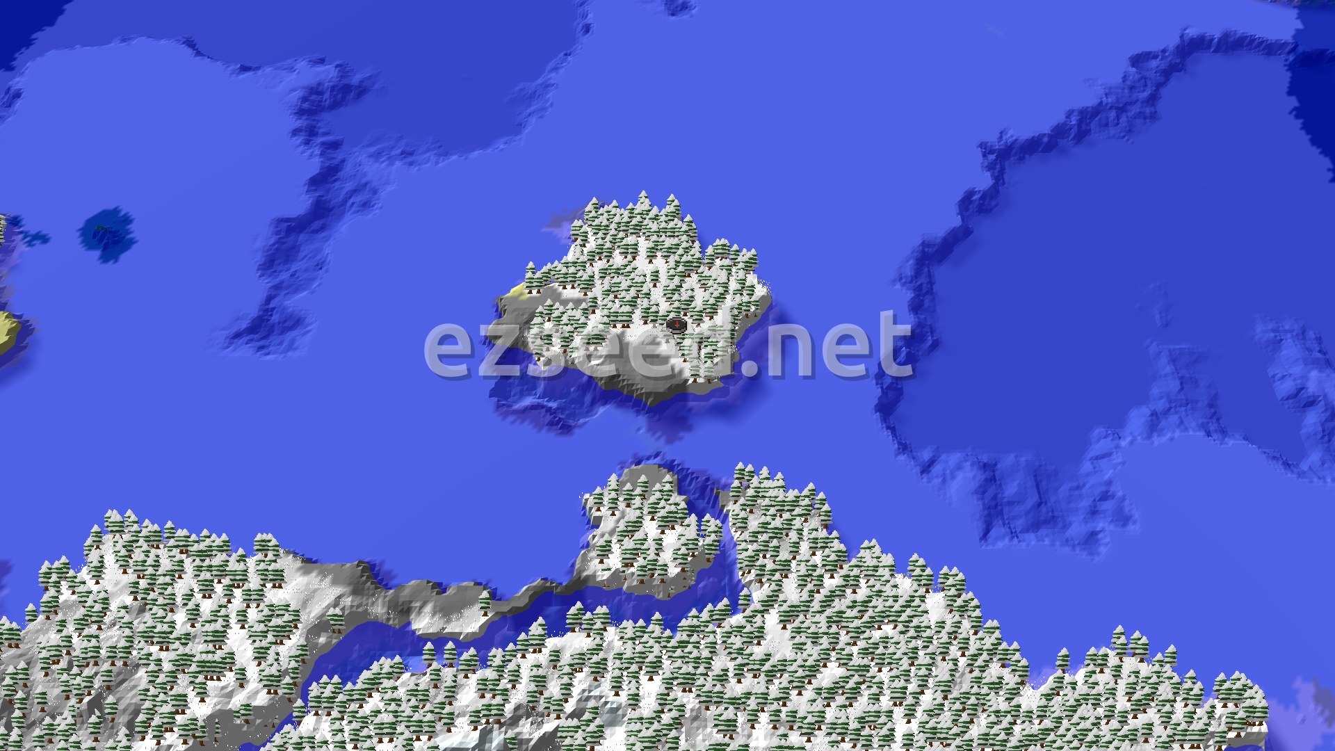 A snow-covered island with green trees, surrounded by deep blue water, with smaller snowy landmasses to the south.