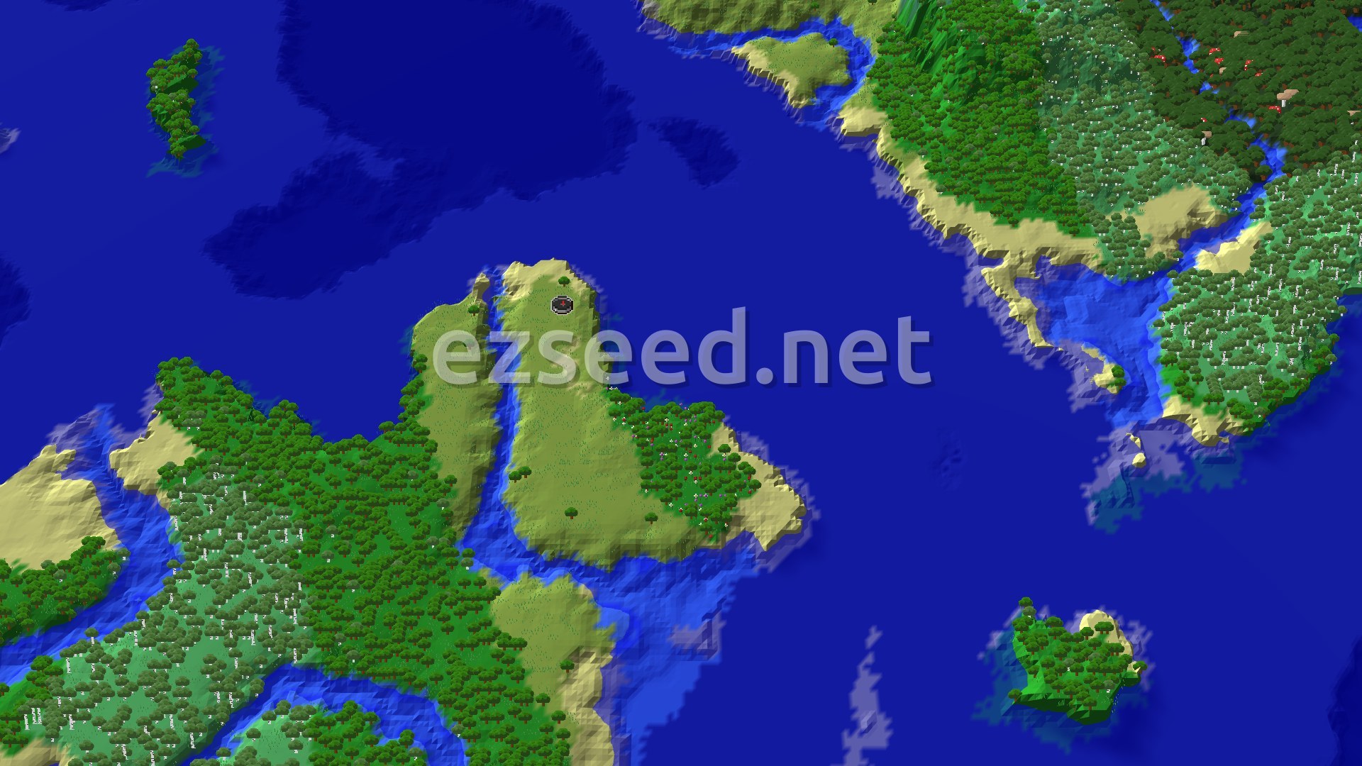 A grassy plains headland with a small flower-dotted woodland patch, surrounded by deep blue ocean, with forested coastlines and tiny islets in the distance.