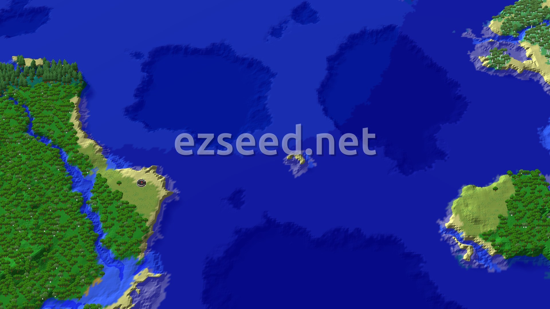 A fly-over of a forested coastline with a sandy plains headland, deep blue ocean to the east and a second forested shore at the right edge.