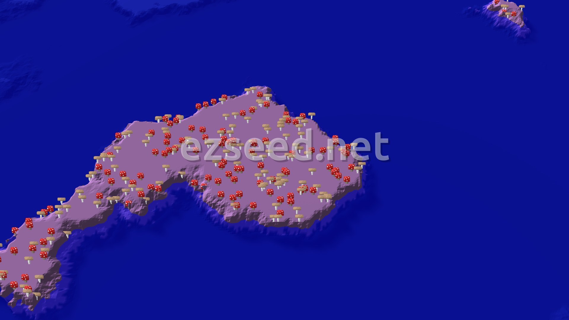 A purple-tinted mycelium island covered in red and brown giant mushrooms, ringed by deep blue ocean, with a smaller mushroom islet in the top corner.