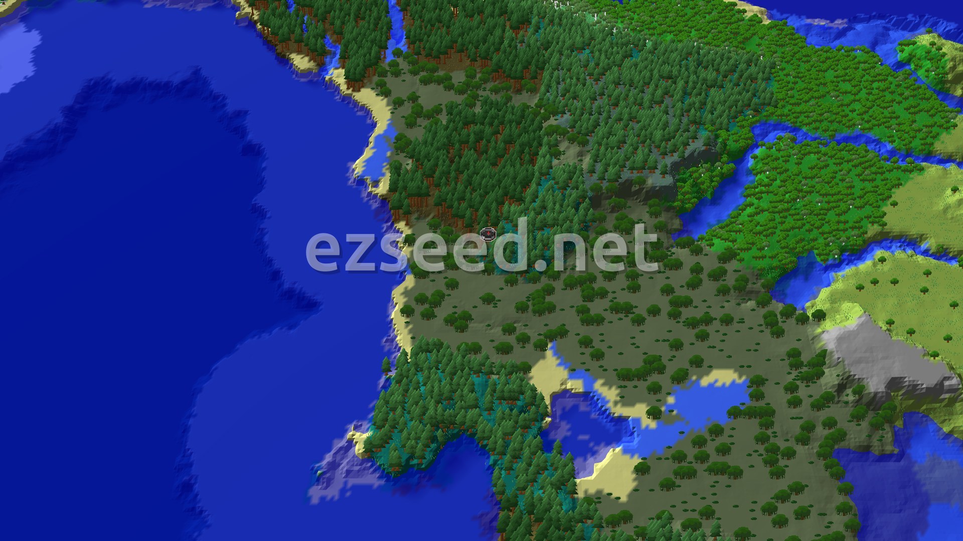 An aerial view of a heavily forested landscape with a large body of water to the west and north. The spawn point is marked in a dense pine forest.