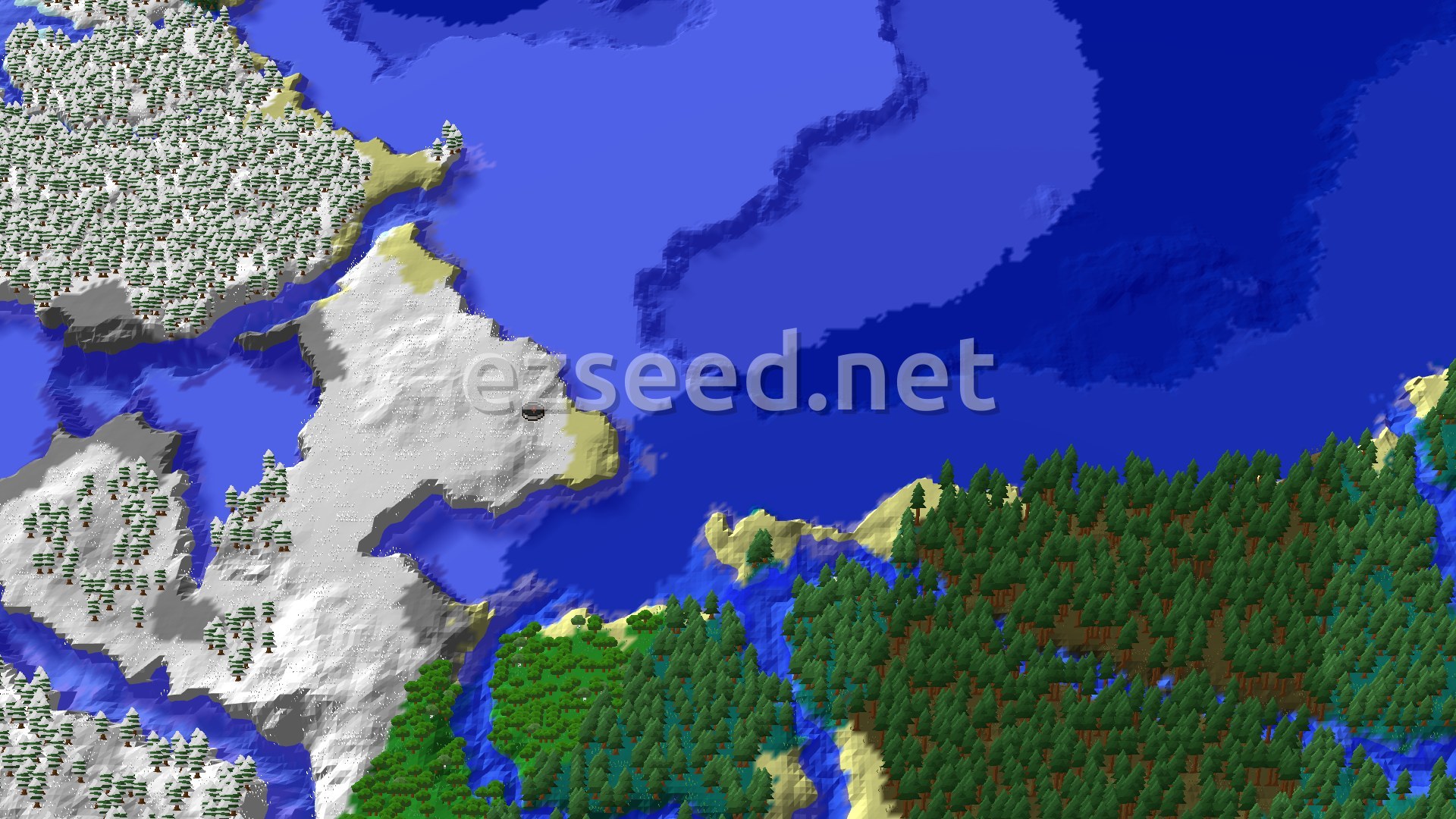 A snow-covered headland pokes into a wide blue bay, with dark spruce forest and bright green oak woods along the southern shore.