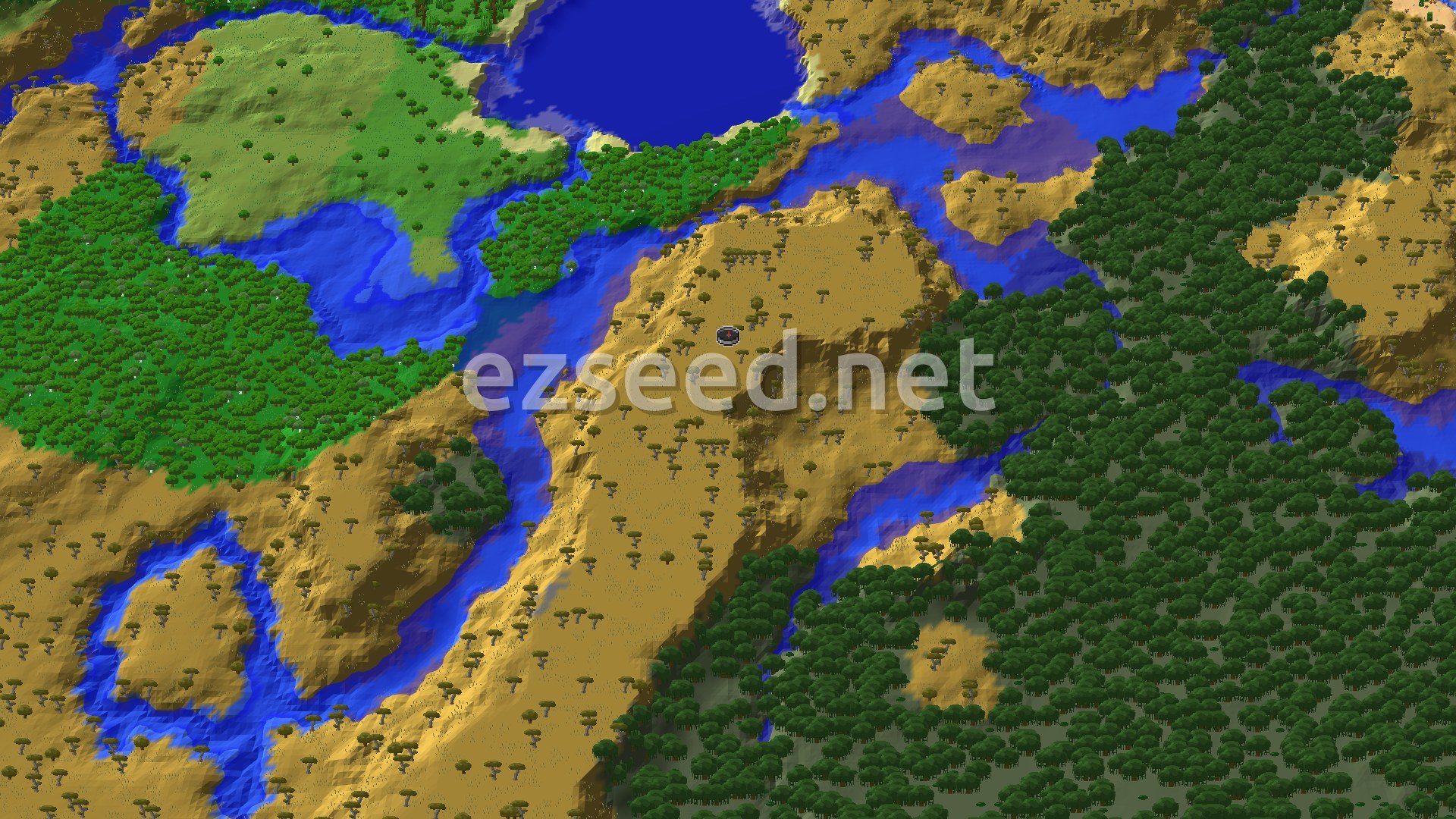 A 3D fly-over of a savanna biome with scattered acacia trees, winding rivers, and a large lake, bordered by a dense forest on one side. A small spawn marker sits near the center.