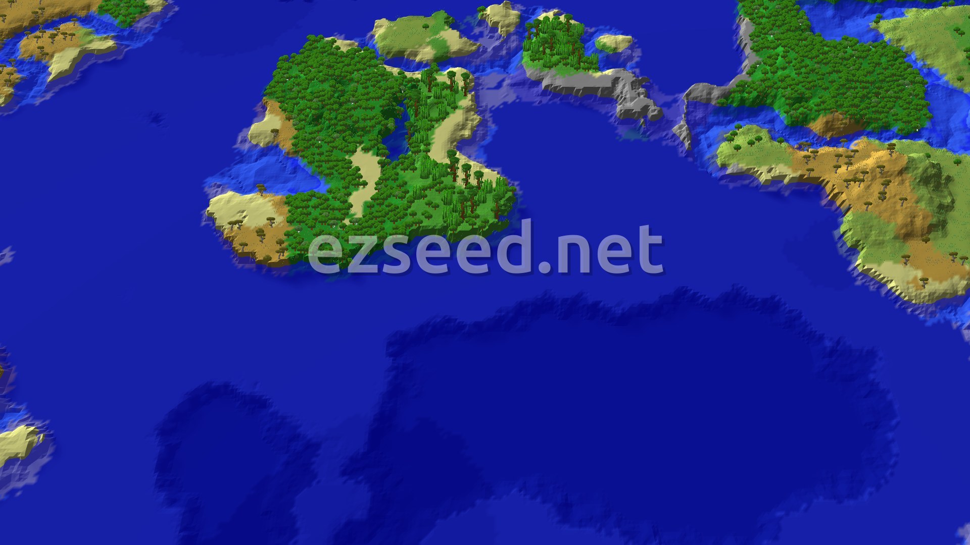 A bird's-eye view of a large, irregularly shaped island covered in savanna and forest, surrounded by vast oceans.