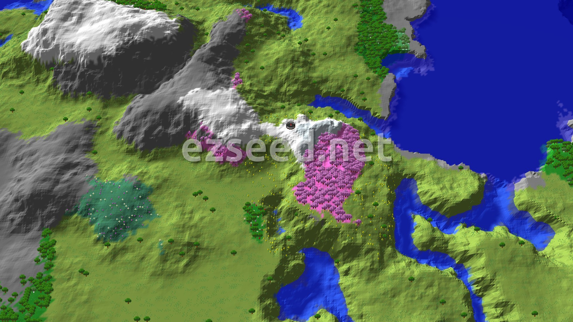 Aerial Minecraft seed map — Cherry Grove and Flower Forest Below Snowy Slopes